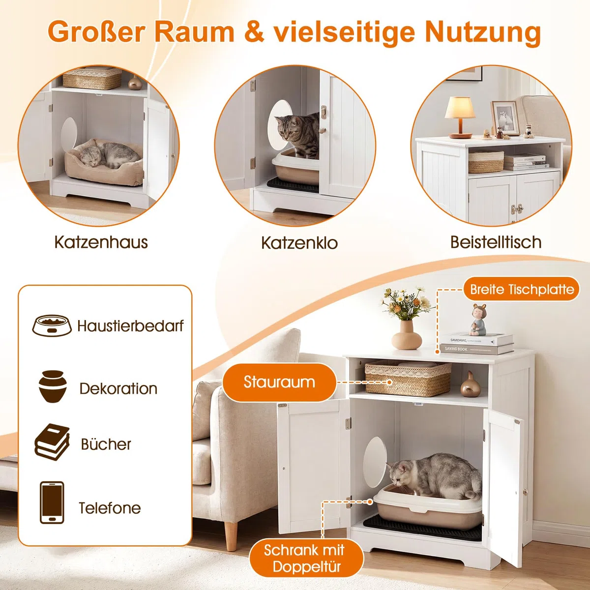 COSTWAY Katzenklo Schrank, Katzenschrank mit Streumatte, 2 abschließbaren Türen, Eingang & Fach, 3 in 1 Katzenhaus Katzentoilette Beistelltisch, Holz, Katzenmöbel für Wohnzimmer, Weiß