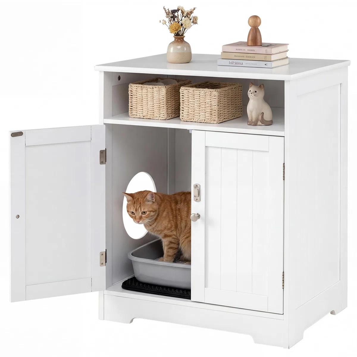 COSTWAY Katzenklo Schrank, Katzenschrank mit Streumatte, 2 abschließbaren Türen, Eingang & Fach, 3 in 1 Katzenhaus Katzentoilette Beistelltisch, Holz, Katzenmöbel für Wohnzimmer, Weiß