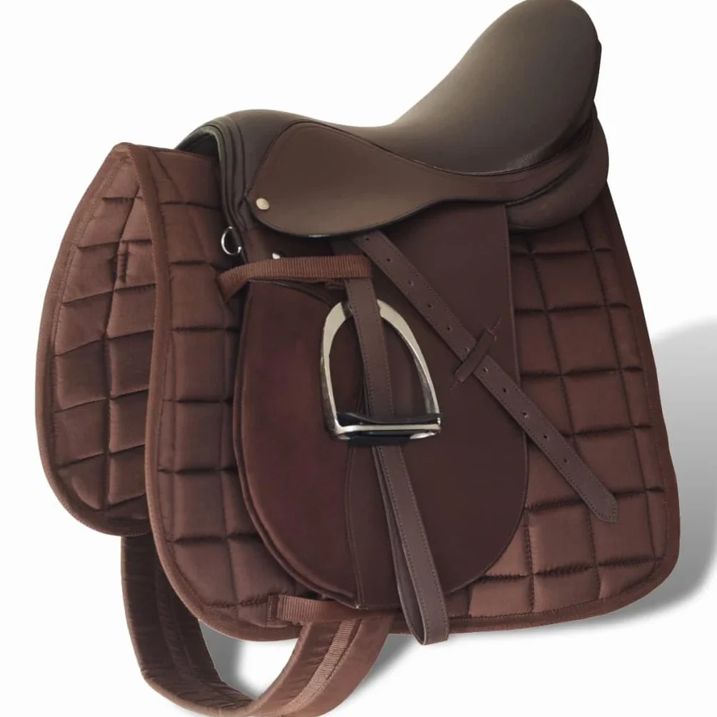 Pferdereiten Sattelset Zoll echtes Leder schwarz, Kammerweite, in mit Satteldecke, Steigbügel, Gurt für Training, Wanderritt und Gelände
