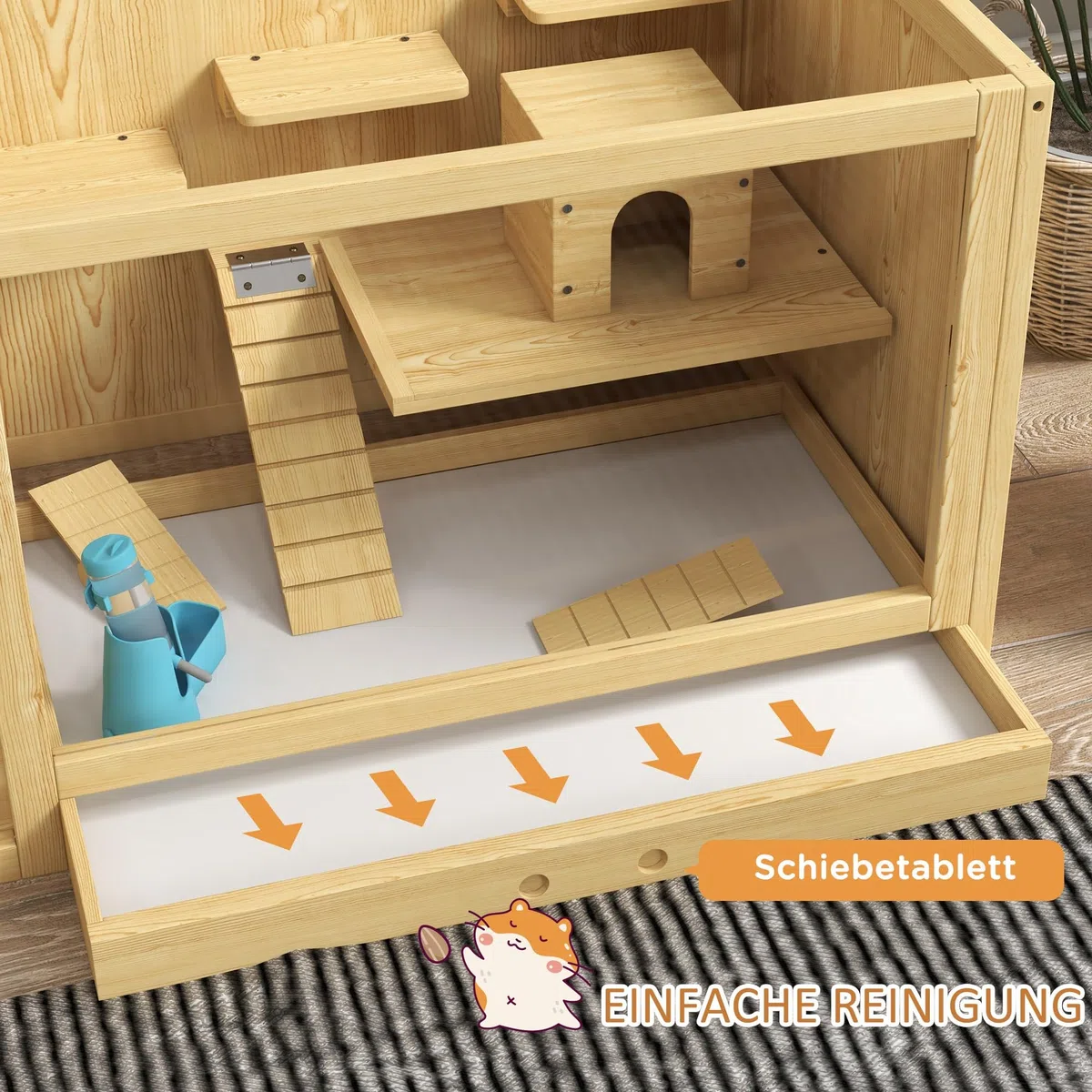 PawHut Hamsterkäfig aus Holz mit Klappdeckel Zubehör 100 x 50 x 50cm Natur | Nagerkäfig, Kleintierkäfig, Schaukeln, Leitern, Futternapf, Holzkäfig, Käfig für Hamster Zwerghamster Rennmaus