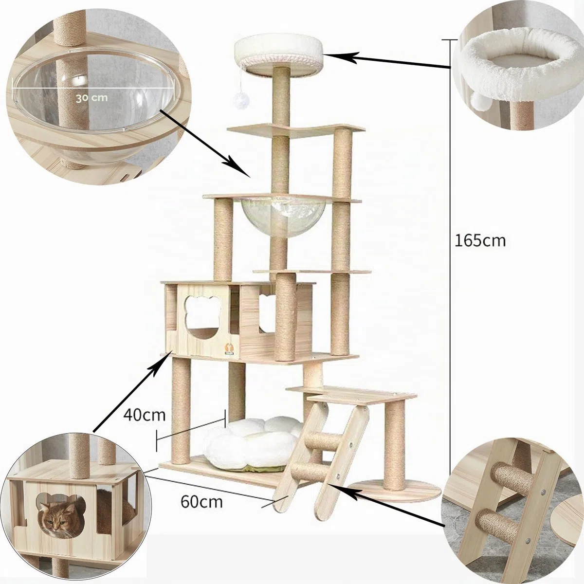 Kratzbaum für große Katzen 165cm-8-stöckiger Katzenbaum, Haus, transparente Raumkapsel, Plüsch-Sprungplattform, Spielzeugball, Krallenschleifende Sisalleiter（Holzfarbe）