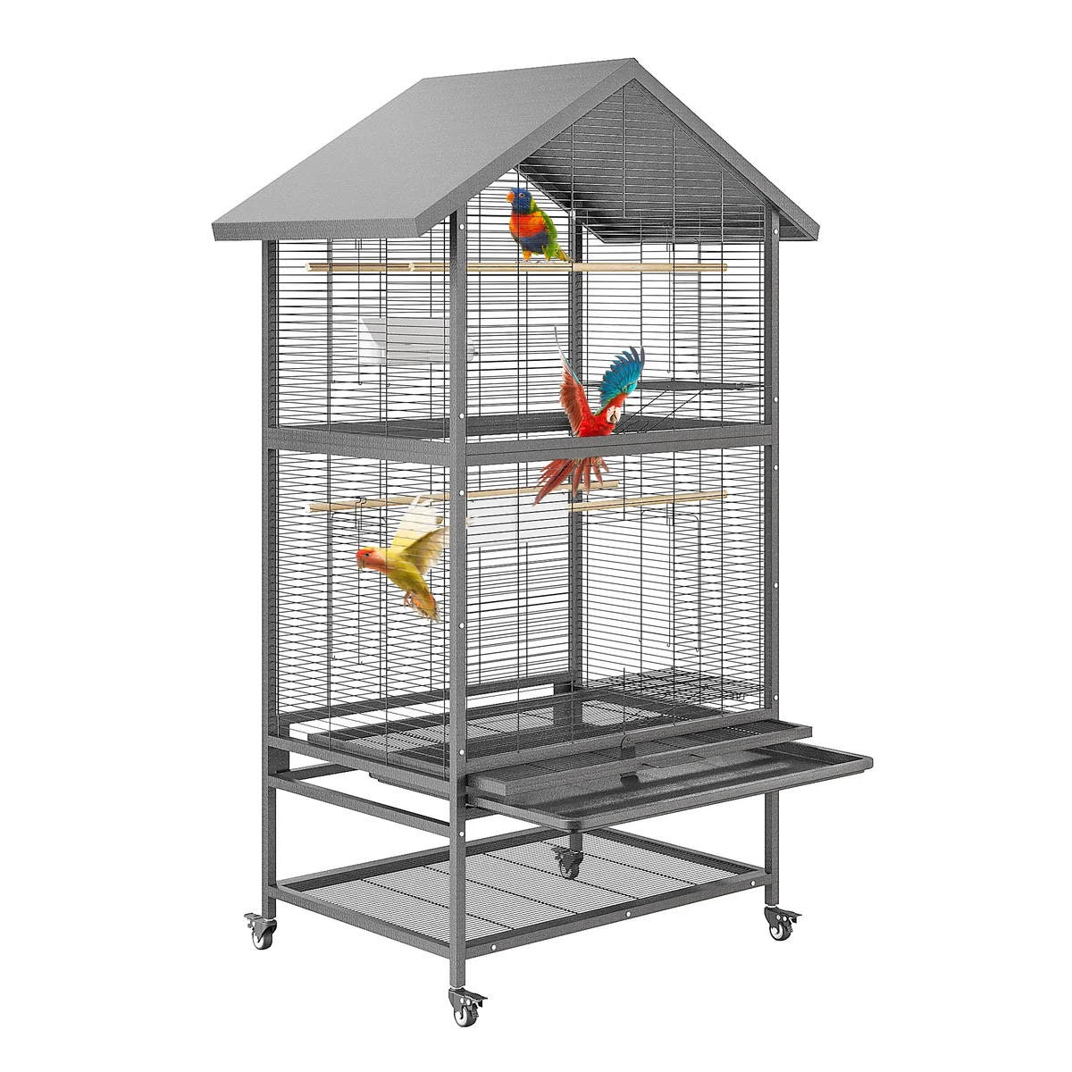 Großer Vogelkäfig, Metall Papageienkäfig mit 4 Arretierbaren Rädern, Abnehmbarem Tablett, Futterspender, Holzsitzstangen, Flugkäfig Leicht zu Reinigendem Außenvoliere Vögel, 80x60x167cm