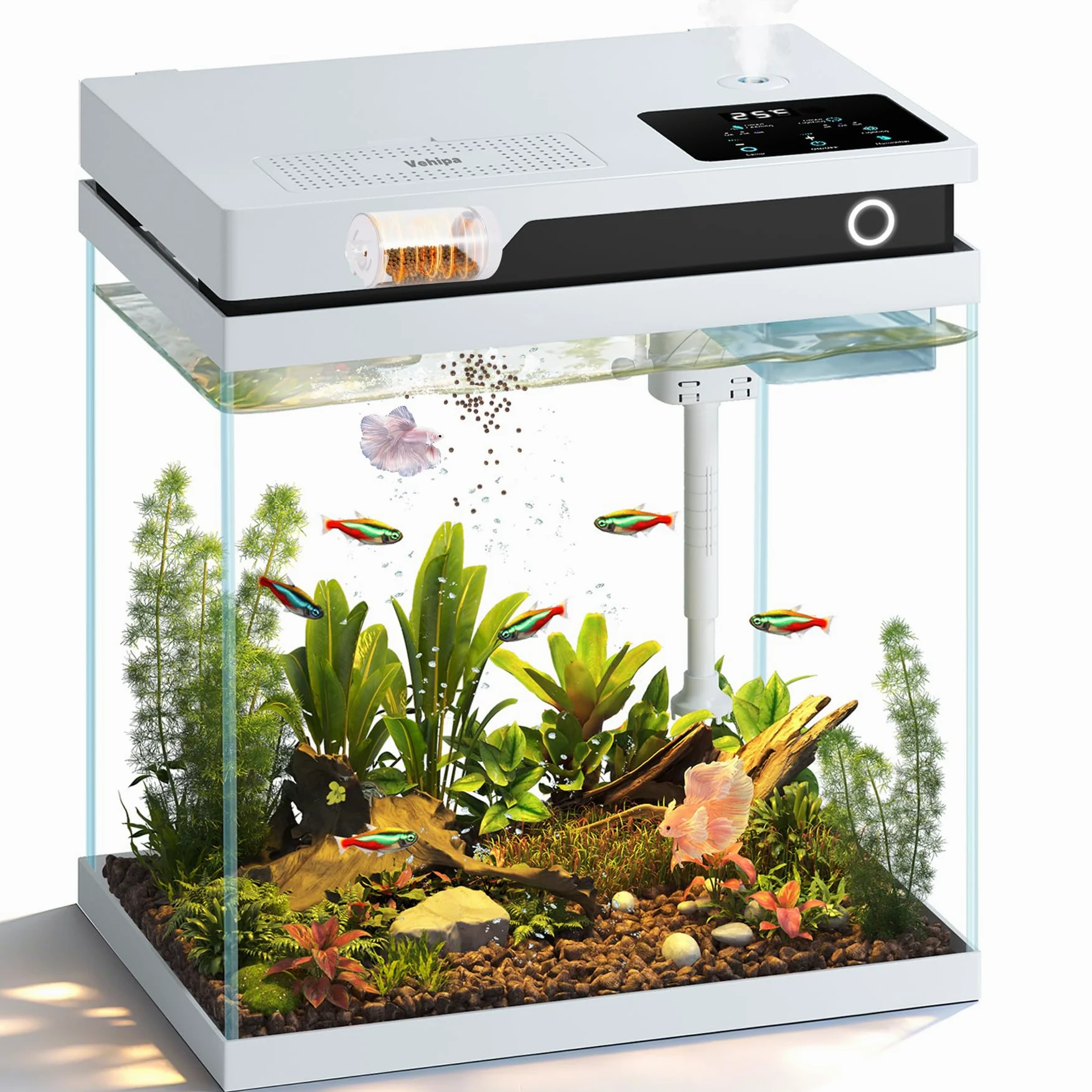 16L Nano Aquarium Komplettset mit automatischer Futterstation, 4-in-1-Pumpe, 8-Farben-Beleuchtung, Temperaturanzeige