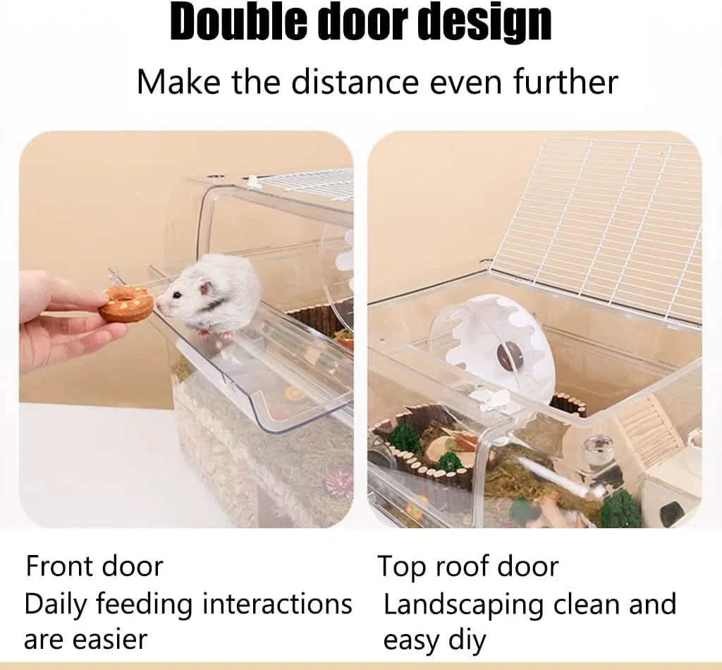 Großes Hamsterhaus mit Vorder- und Obertür, vollständig transparenter Acryl-Mauskäfig, atmungsaktives Lebensraumhaus für kleine Tiere (Größe: 70 cm)