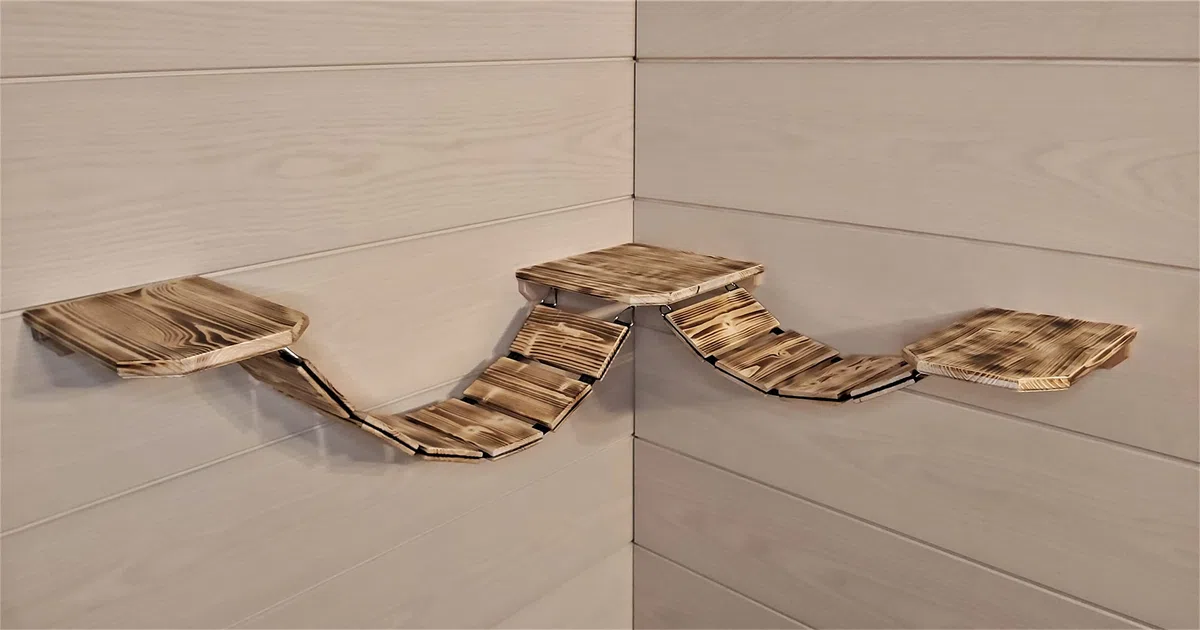 Eckpark Wandpark Catwalk Komplett-Set auch für große Katzen geeignet (200cm + 150cm, Natur)