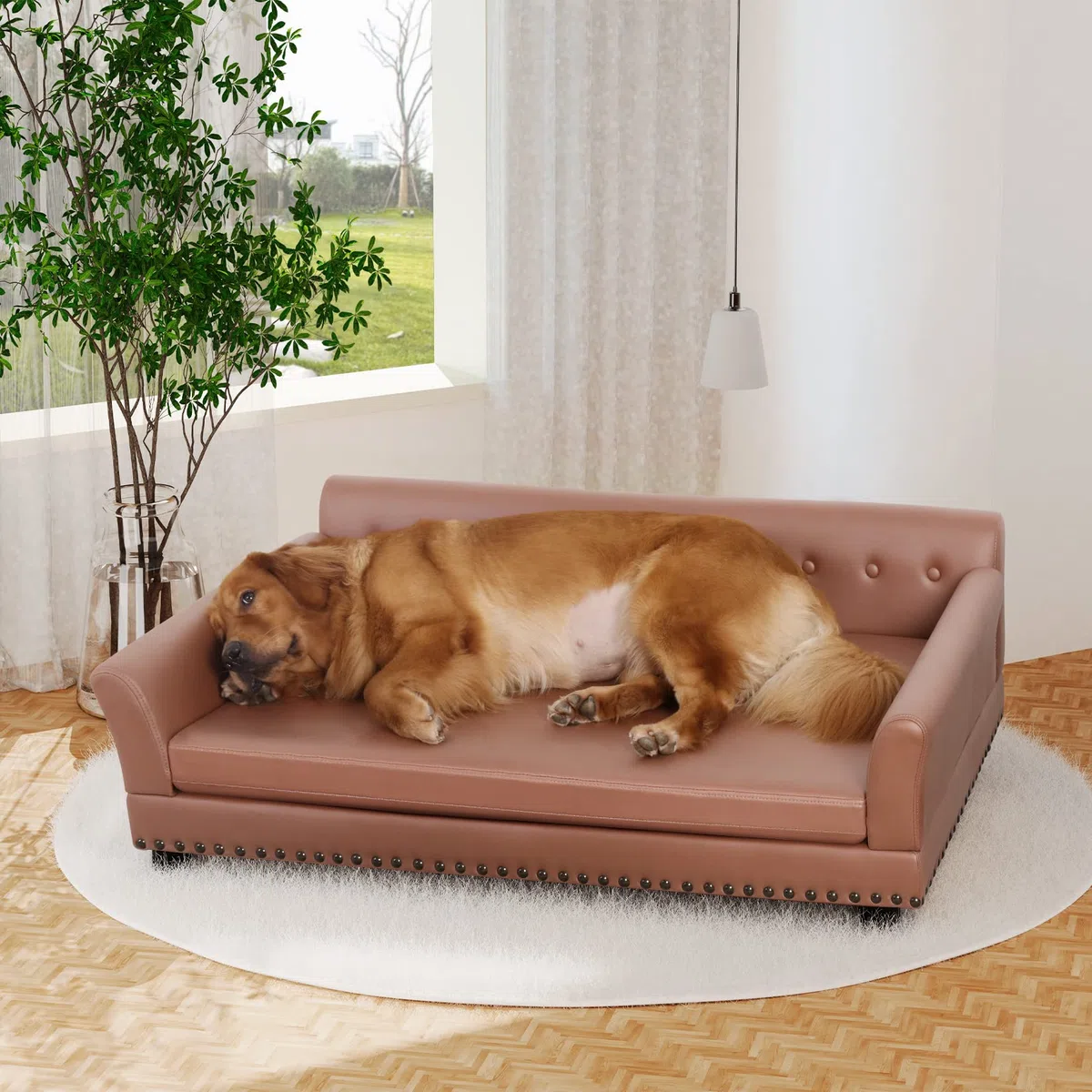 BingoPaw Hundesofa XXL für Große Hunde: Luxus Hundecouch aus atmungsaktivem wasserdichtem Leder - Mordern Haustiersofa mit Rückenlehne orthopädisches Hundekissen und Holzbeinen - Braun 120x74x40cm