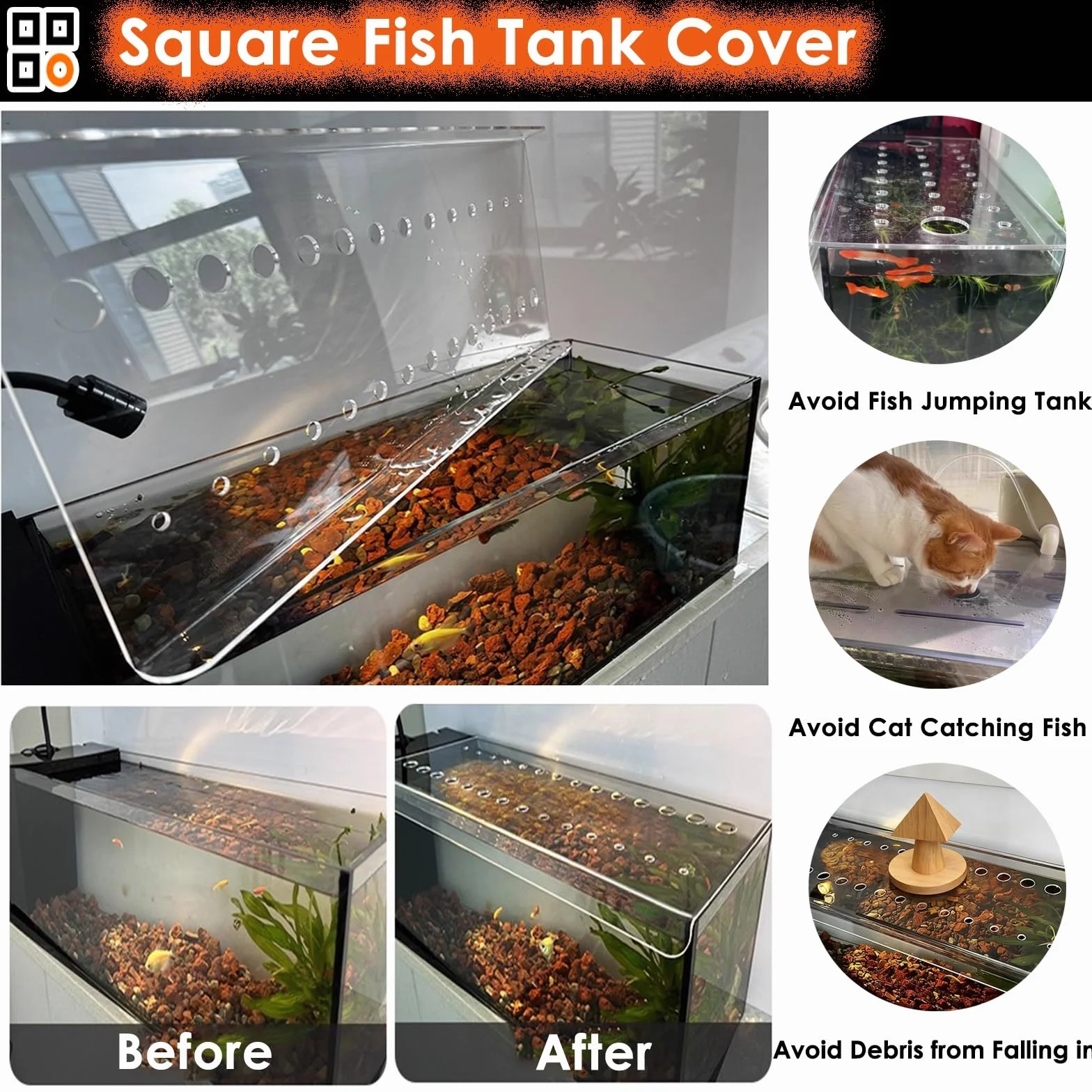 Acryl-Aquarium-Abdeckung mit Frischluftloch, 50,8 cm, 61,2 cm, 76,6 cm, 91,4 cm, 91,4 cm, 101,6 cm, 101,4 cm, 101,5 cm, 137,2 cm, Terrarium, springsicher, damit Katzen Fische fangen