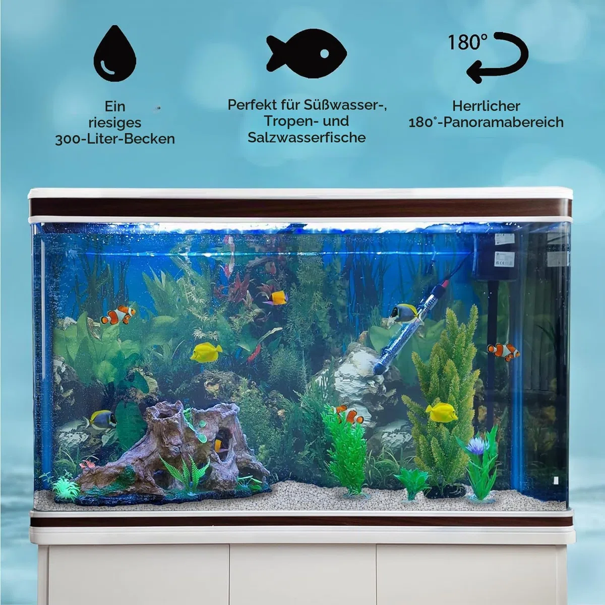 Monster Shop Aquarium 300 L Weiß - Vollständiges Starter-Set mit Aquarium, Unterschrank, Kies und Hintergrund - Ideal für Fische - Glas - 143,5 cm H x 120,5 cm B x 39 cm T