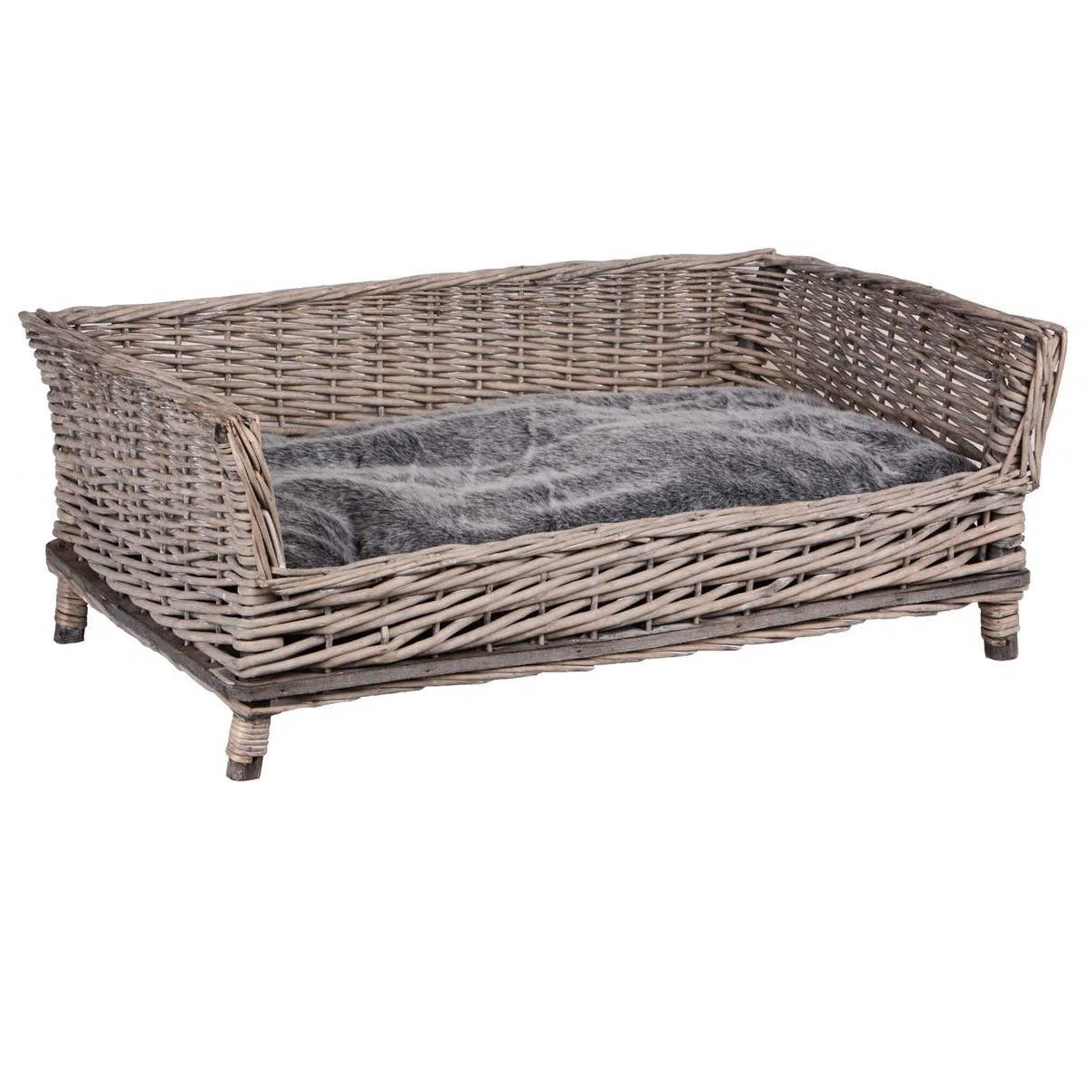 UNUS Hundebett Hundekorb Hundekörbchen aus Weide eckig mit Kissen grau für große und kleine Hunde 88 cm Breite