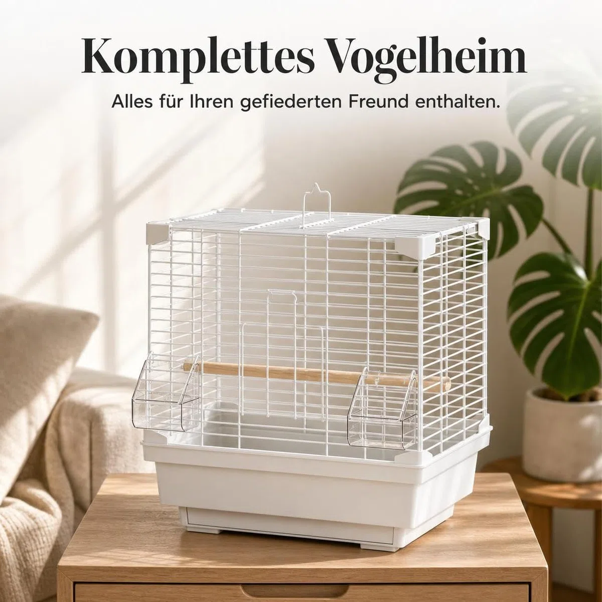 Vogelbehausung groß für Sittiche, Metall mit Panoramablick, für Zuhause, Paket C (Käfig, Sitzstange, Schublade, Bodengitter, Futterbox, Wasserbox, Brutkasten, Grasnest, Schaukel), L-Groß