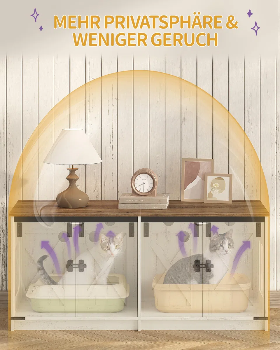 Hzuaneri Katzenschrank, 119cm Katzenklo Schrank für 2 Katze, Braun und Weiß | Versteckter Katzentoilettenschrank, Katzenhaus für den Innenbereich, Bauernhausstil, 119 x 48 x 53,5 cm, CB85314X