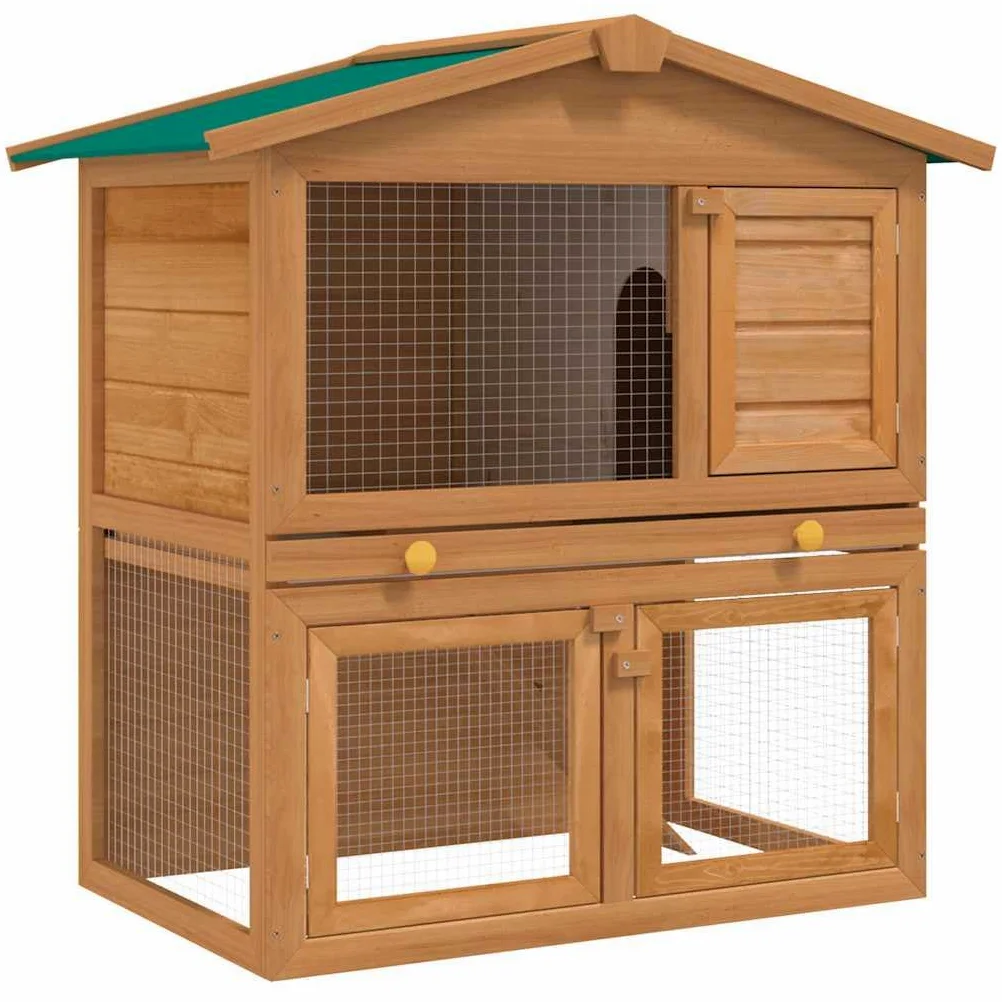 Kaninchenstall Kleintierhaus Hasenstall aus Holz mit 3 Türen, pulverbeschichtetem Drahtgitter, grünem Dach, 94x60x98 cm, mit Schubfach, Rampe, geeignet für Garten, Balkon, Terrasse