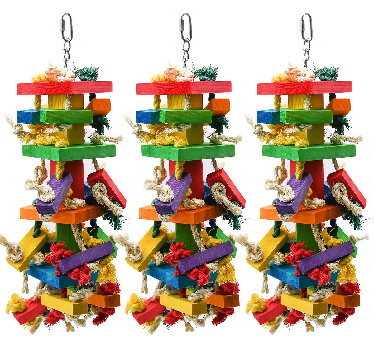 Ruby.Q Großes Papageienspielzeug, 50,8 cm, Mehrfarbig, natürliches Holz, Kauspielzeug für große Aras, Graupapageien und eine Vielzahl von Amazon-Papageien, 3 Stück