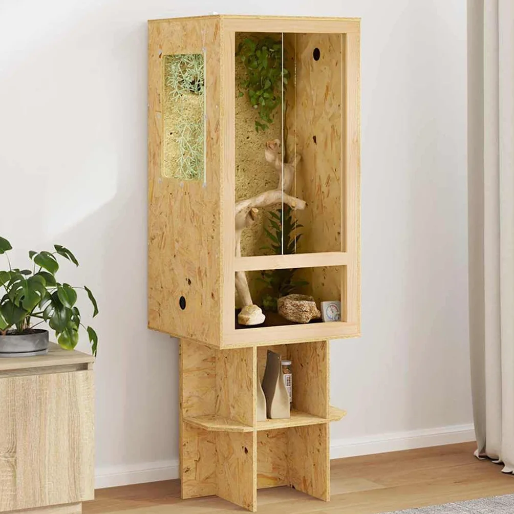 Terrarium Braun OSB 50 x 50 x 150 cm mit Schiebetür und Glas, vielseitiges Reptilienhaus für Wüsten- und Regenwaldterrarium, inklusive Thermometer und Belüftungssystem