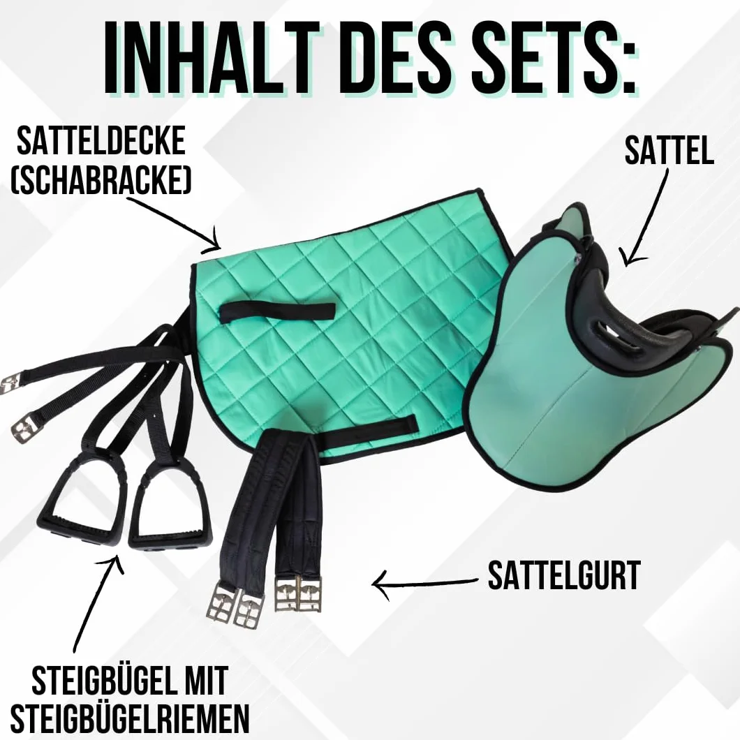 German Riding Sattelset für Shettys oder Holzpferde, Komplettset, Kindersattel, Türkis