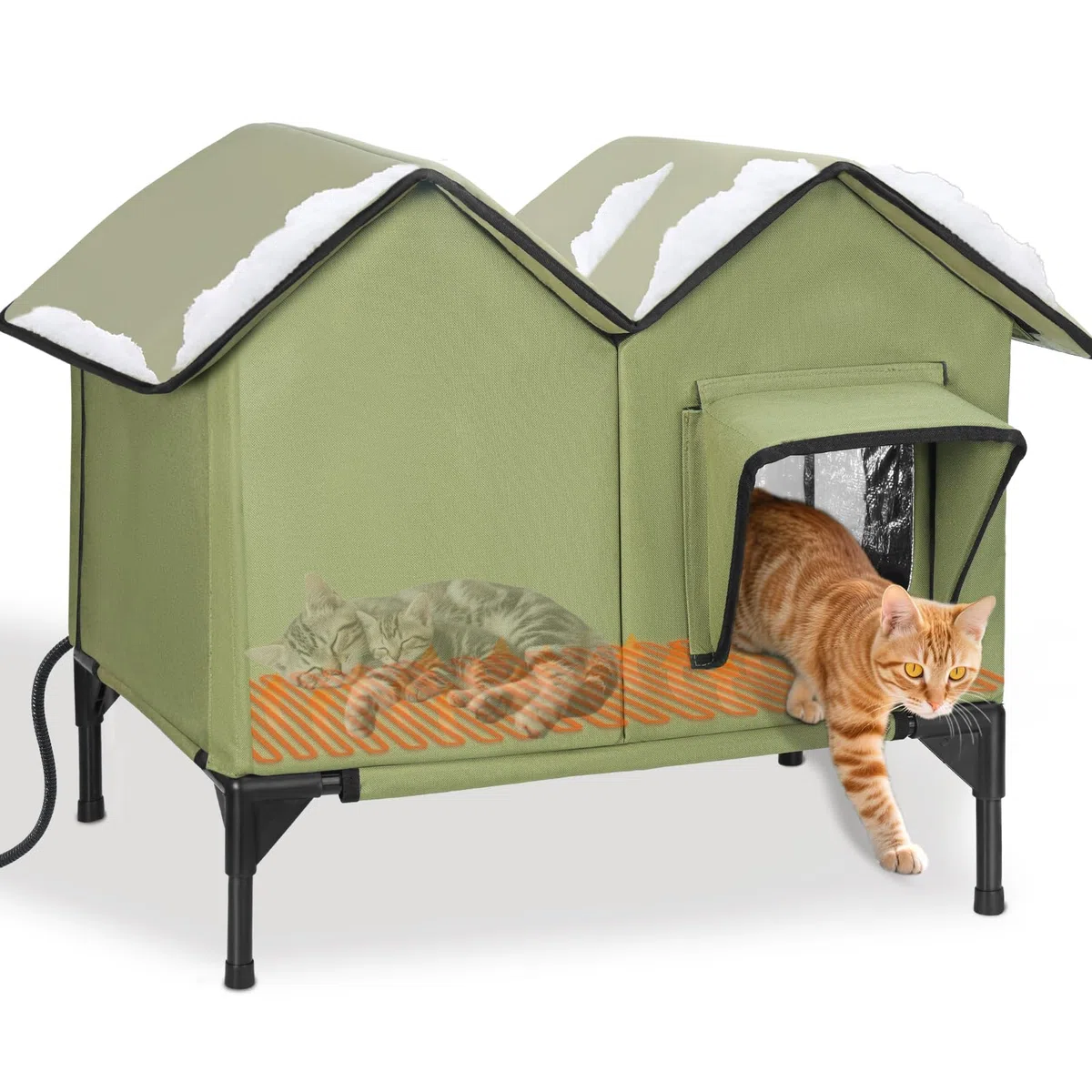 Großes Beheiztes Katzenhaus Outdoor Winterfest Isoliert, weich und warm Katzenhöhle für draußen mit Fluchttüren und Heizungspolster, robuster Katzenhütte Outdoor für mehrere Katzen und Hunde (Grün)