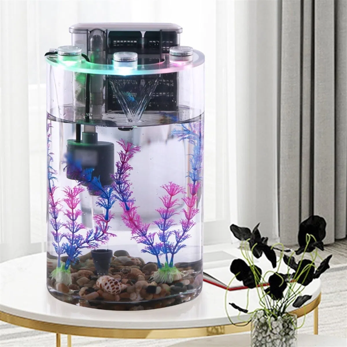 Aquarium, zylindrisch, transparentes Glas, verdicktes kleines Aquarium mit Filterpumpe und LED-Lichtern, einfaches ökologisches Aquarium, Wohnzimmer