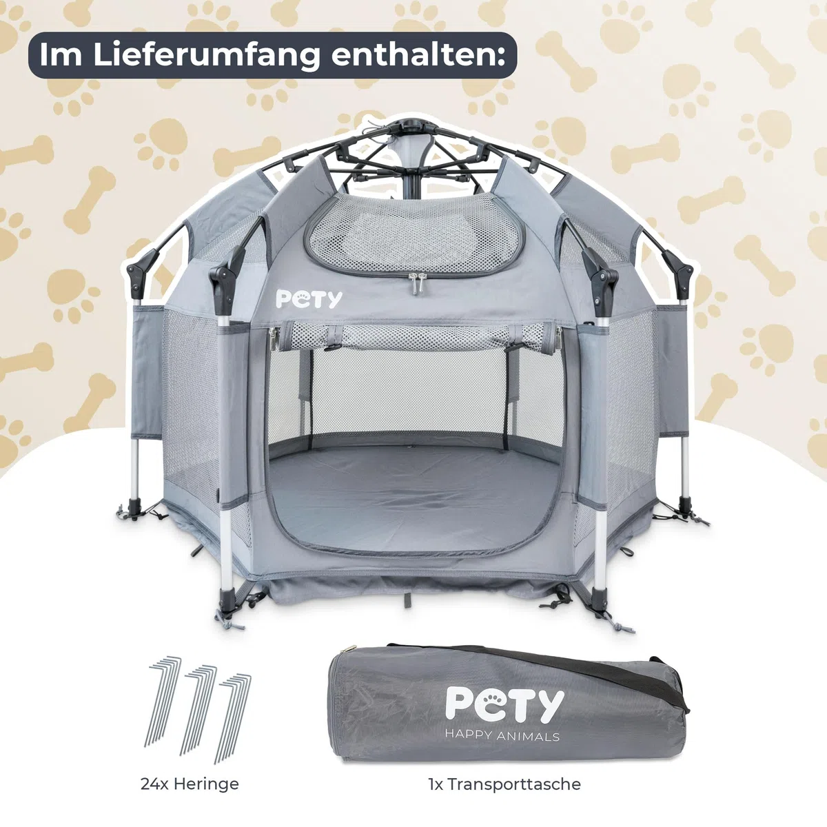 PETY Laufstall für Hunde - 100 x 60 cm mobiles Hundezelt mit Tragetasche und Heringen - Outdoor und Indoor Tiergehege - Hunde Reisezubehör für Camping – Anthrazit