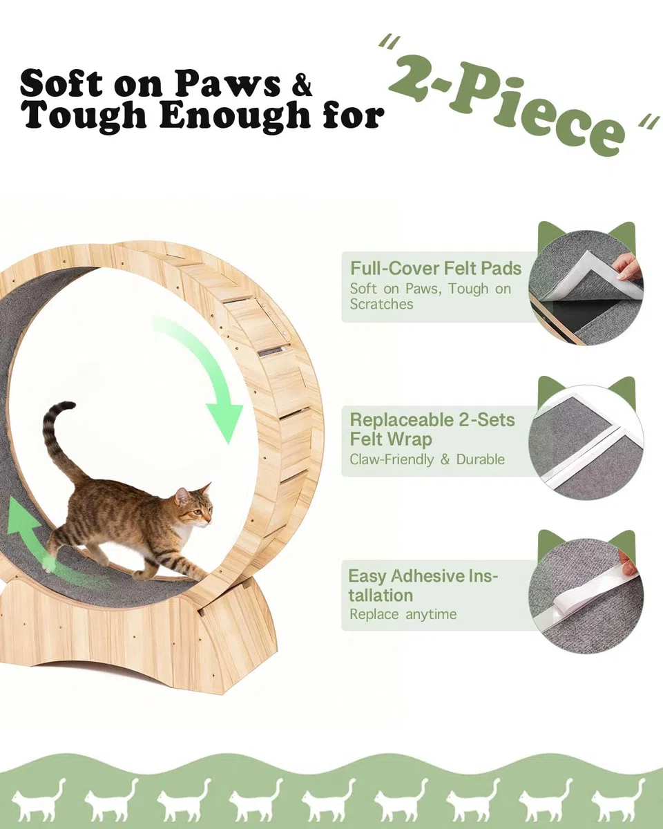 Katzenlaufrad aus Holz 110 cm Leises Laufrad Katze für Tägliches Training | Katzenrad mit Sicherheitsverschluss & 2 Abnehmbaren Teppich-Laufflächen, Bis 12 kg Belastbar, Geeignet für die Meisten Katzen