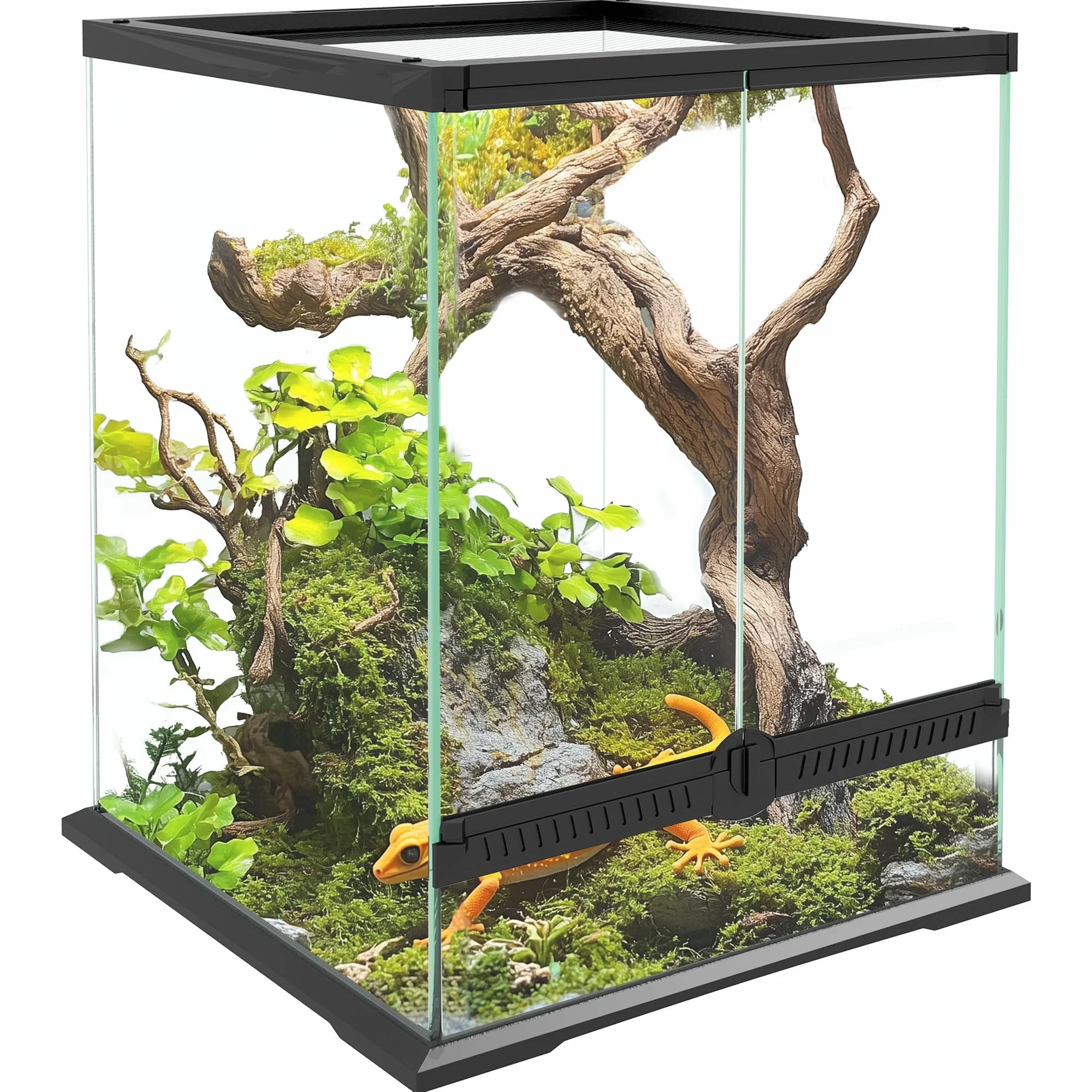 PawHut Terrarium für Reptilien Reptil Fütterungsbox mit Anti-Flucht-Design, Belüftung 120L Glasterrarium mit Kabelmanagement für Amphibien Spinne Metall Schwarz 45 x 45 x 60 cm