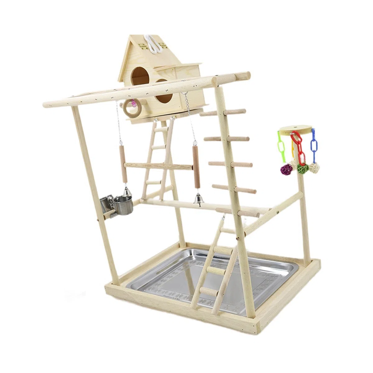 Interaktiver Vogelspielplatz mit DREI Ebenen, Sitzstangen und Leitern für optimale Bewegung Kleiner Vögel – ideal zum Klettern und Spielen.