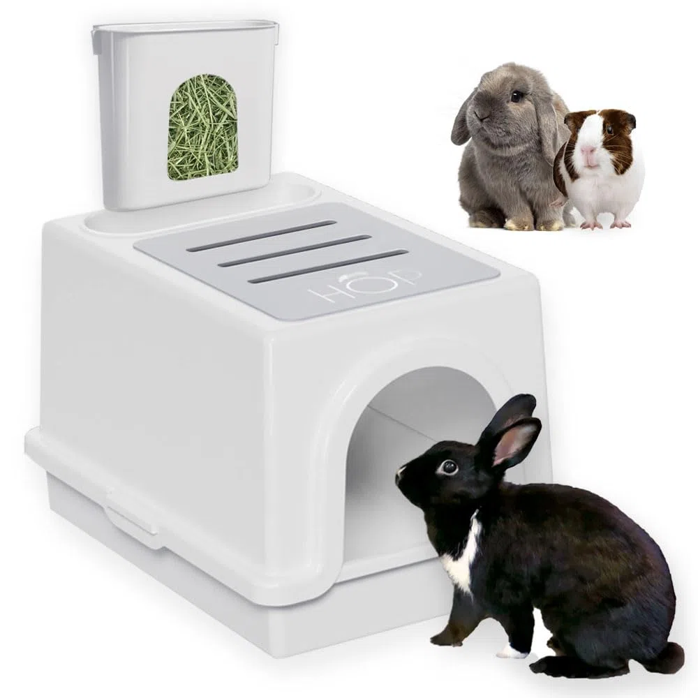 HOP - Die Katzentoilette wurde speziell für Kaninchen entwickelt. Komplett mit integriertem und abnehmbarem Heufutterspender und Abdeckung. Spülmaschinenfest und BPA-frei. Geeignet für Katzen, Hamster