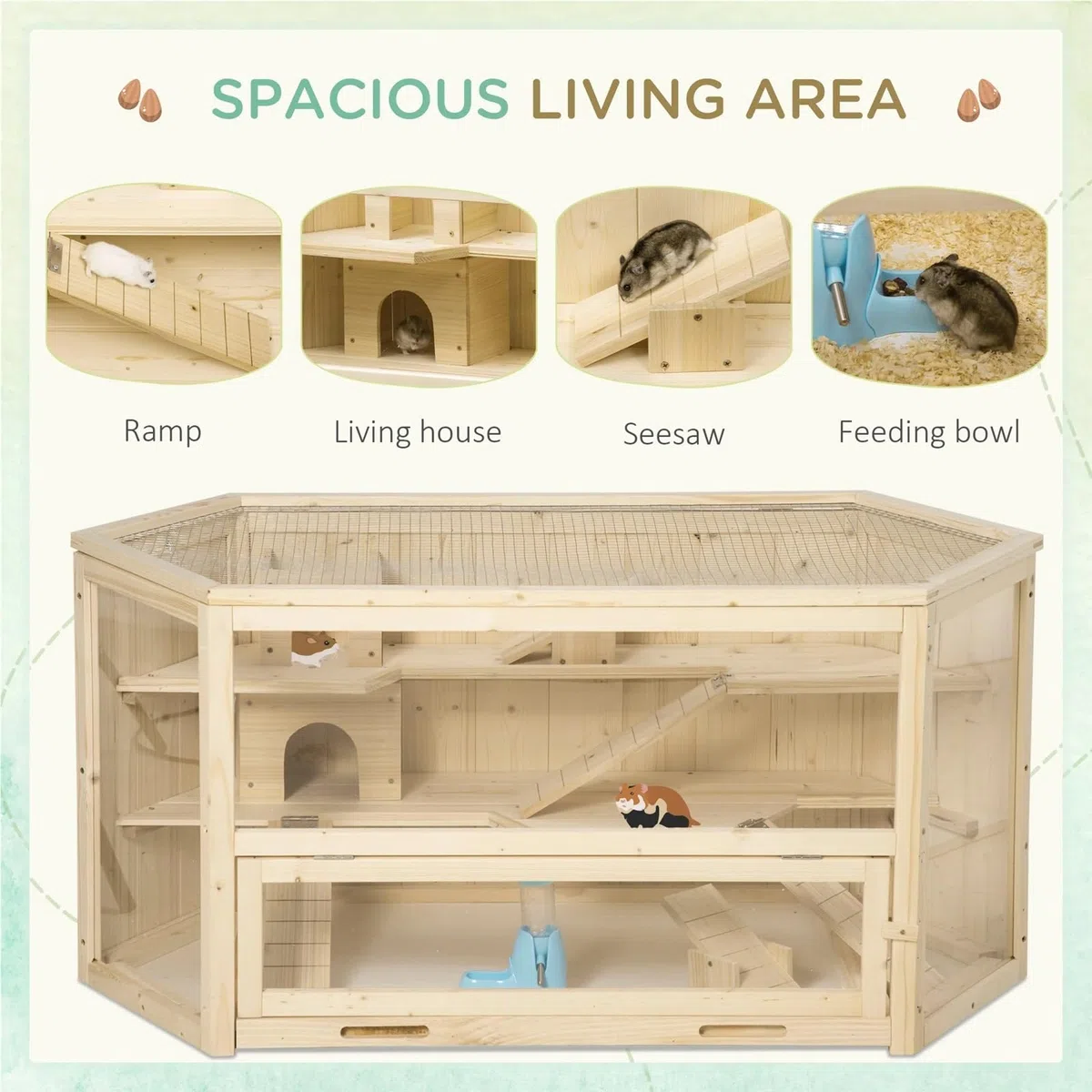 Hamsterkäfig Hölzerner großer Hamsterkäfig, Kleintier-Übungsspielhaus, 3-stöckig, mit verschiebbarem Tablett, Wippen, Wasserflasche für Haustiere(Brown)