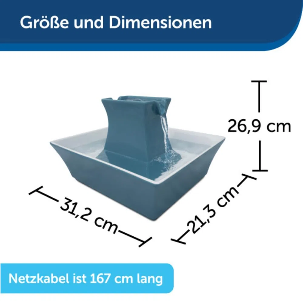 PetSafe Drinkwell Pagoda Trinkbrunnen, 2L, Blau | Keramik, Erhöhte Schüssel, Wasserfall-Design, Trinkstation für Haustiere