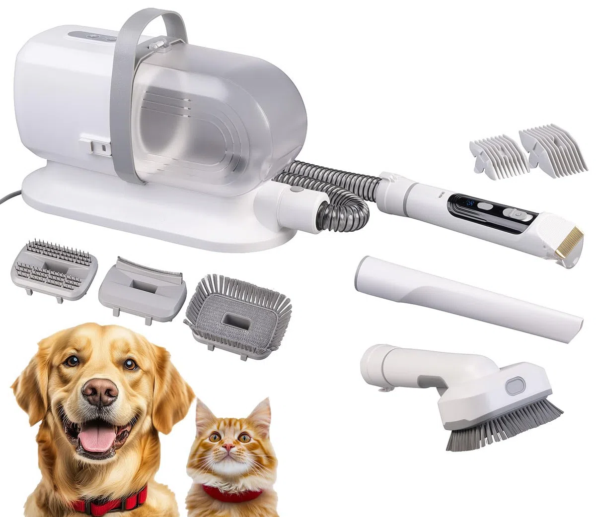 Hundeschermaschine: 8in1-Haustier-Schermaschine, Fellsauger, Föhn-Funktion und Bürsten (Tierhaarschneider, Schermaschine Hund, Pet)