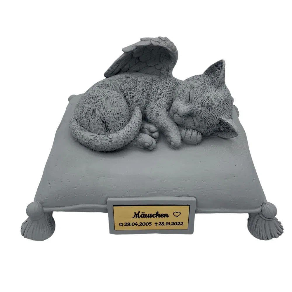 Monello Katzenurne Katze auf Kissen bis ca. 15 kg Tiergewicht individuelle Gravur auf Wunsch Katzenurne für Zuhause (Hellgrau)