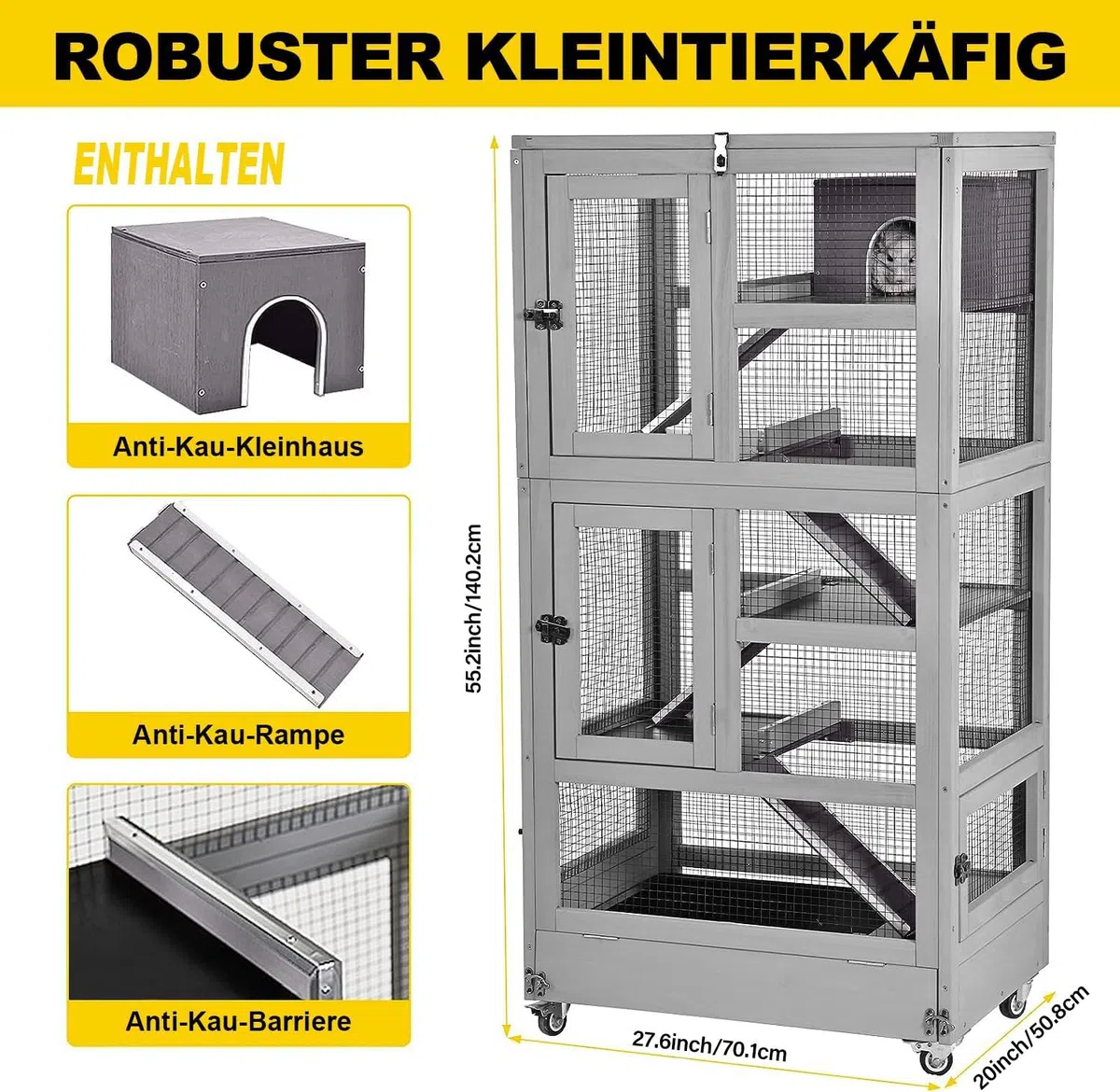 Großes Frettchenkäfig aus Holz, Hamsterkäfig, Nagerkäfig, Mäusekäfig mit Treppen, Kleintierkäfig Nagervilla, für Drinnen oder Draußen Dermeerschweinchen Käfig