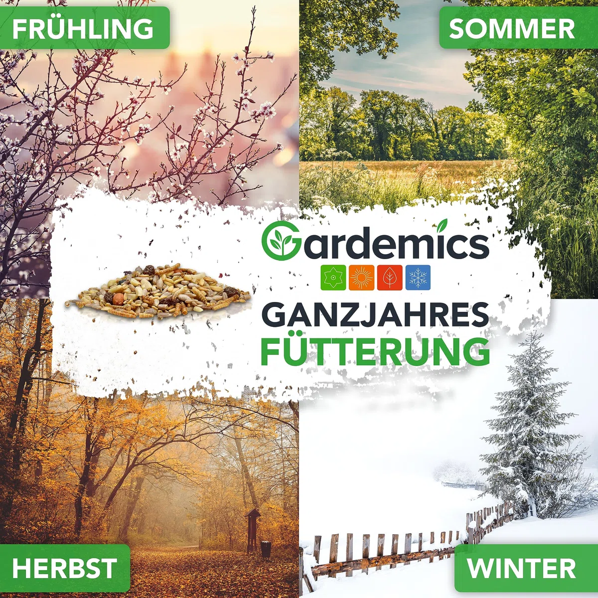 Gardemics Vogelfutter Wildvögel ganzjährig 10 Kg - Mit Mehlwürmern - Premium Protein Wildvogelfutter Ganzjahresfutter für Artenvielfalt im Garten