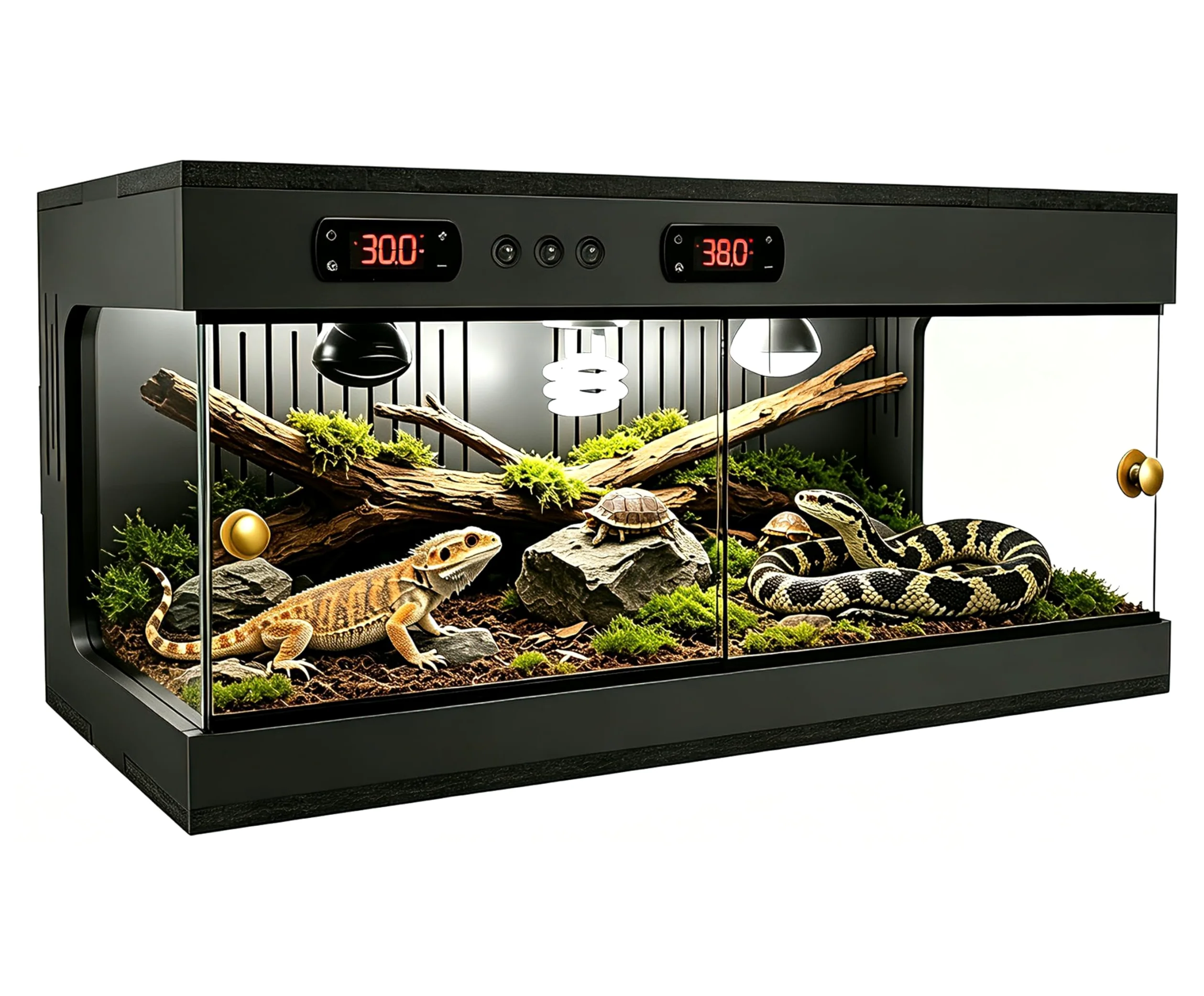 Reptilien-Vivarium, 80 x 40 x 40 cm, Reptilien-Terrarium mit doppeltem Thermostat und Keramik-Lampenfassung, 3-seitige Belüftung, stapelbares Glas-Reptiliengehege für Bartagamen, Schlange, Frosch