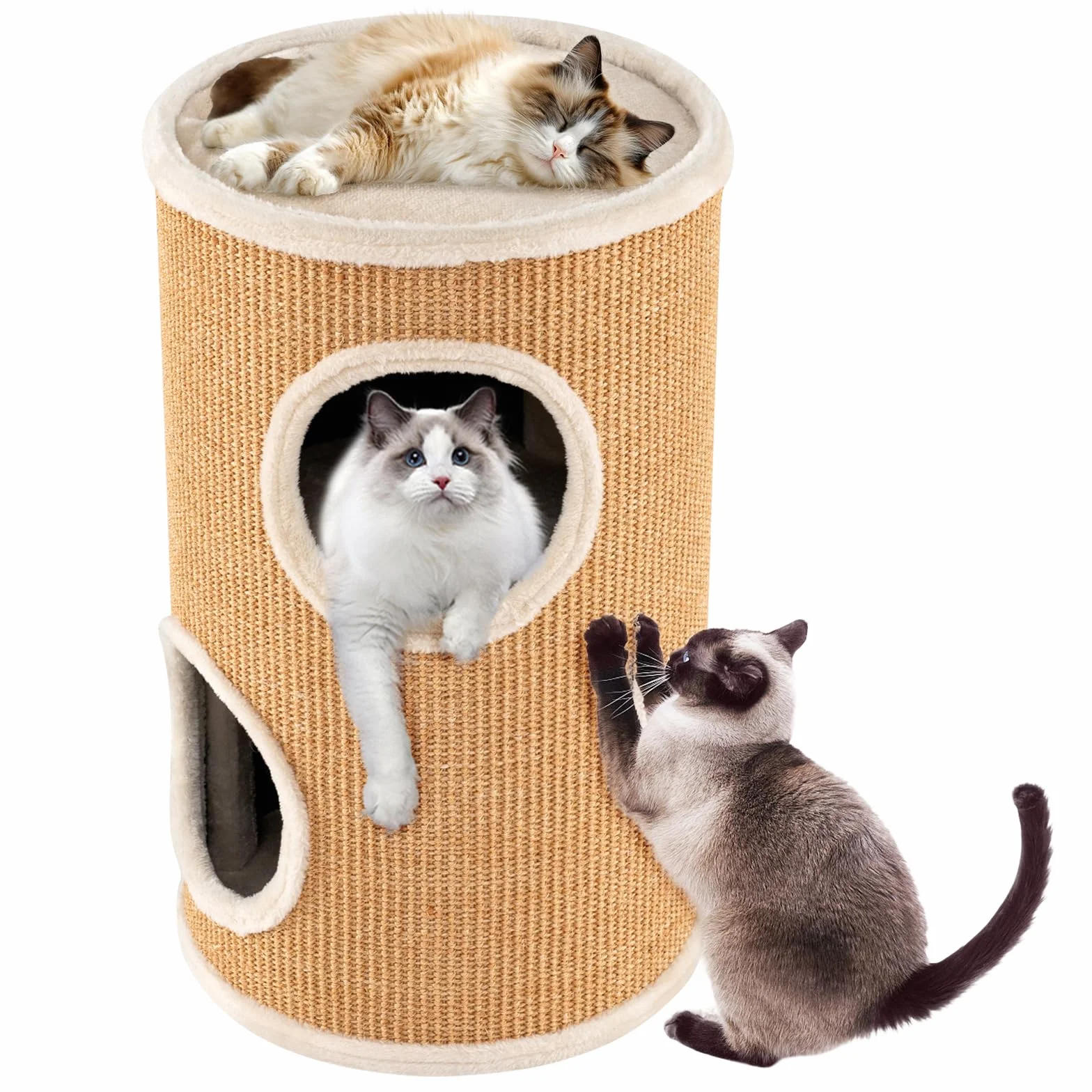 GOPLUS Kratztonne 3 Ebenen, 60 cm Katzentonne mit 3 Höhlen, Plüschbett, Liegefläche & Sisal-Kratzbrett, Kratzbaum für kleine & mittelgroße Katzen, Katzenkratzbaum, Ø 36 cm (60 cm,Hellbraun)