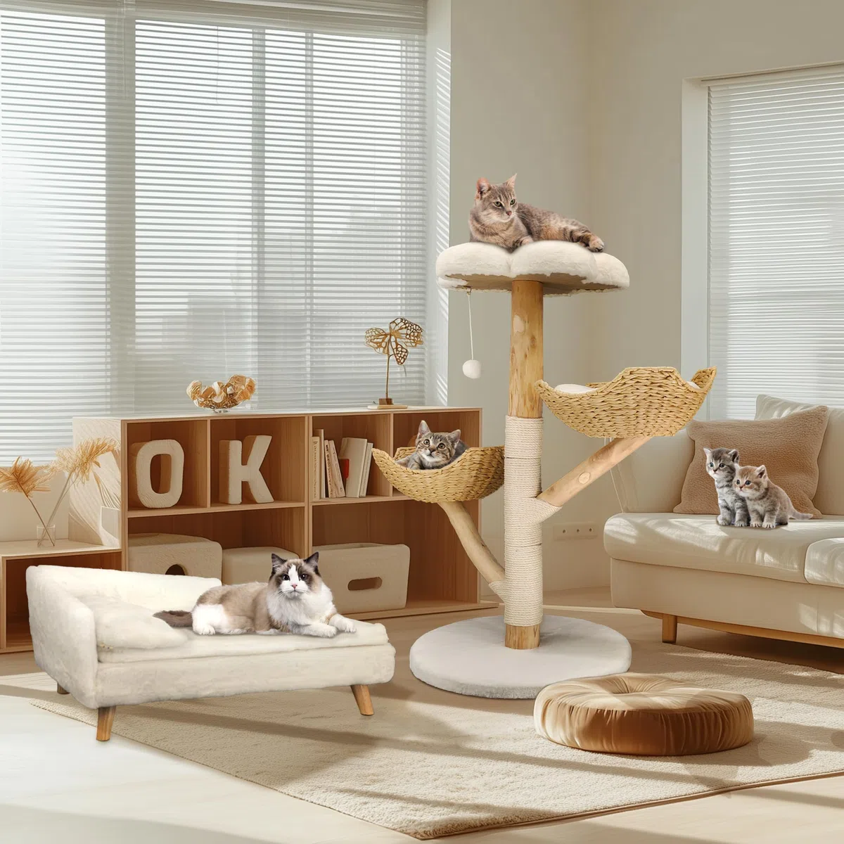 BingoPaw Kratzbaum Modern Katzenbaum Holz: 111cm Luxus Katzenkratzbaum mit 2 Weidenkorb Sisalstamm Sitzplattform Plüschball, Groß Katzenturm für mehr Katzen