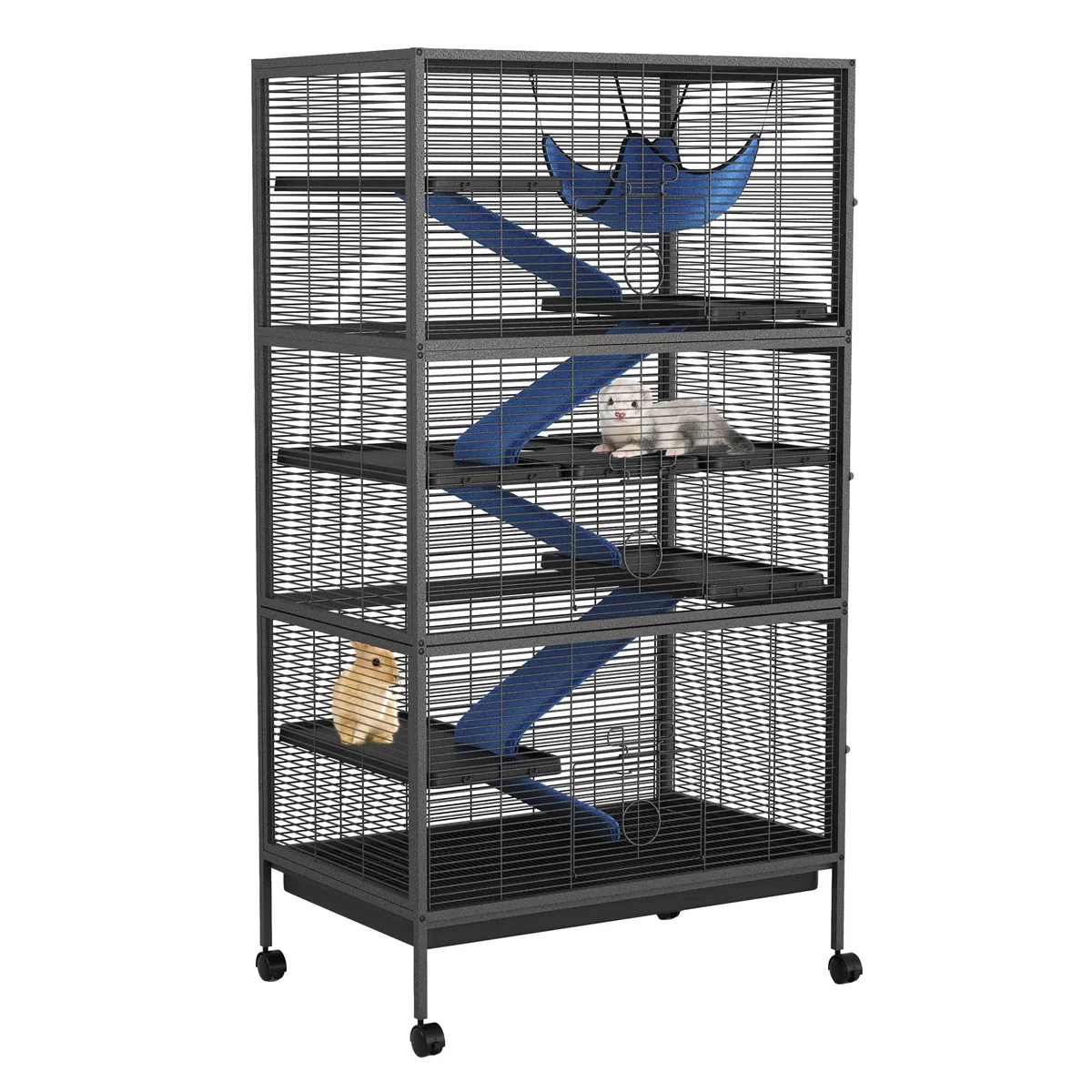 XXL Kleintierkäfig mit Rollen, 4 Etagen Metallkäfig für Frettchen Ratten Meerschweinchen Kaninchen Chinchilla, 149x80x52cm, inkl. 7 Plattformen, 5 Treppen, Hängematte und herausnehmbarer Bodenschale