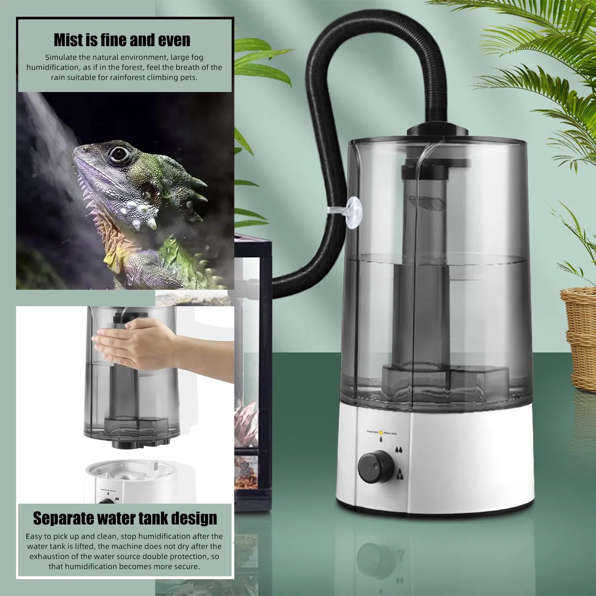 Reptilien Luftbefeuchter mit 4L Wassertank, Nebelgerät mit Ausziehbarem Rohr und Trockenlaufschutz, Ultraleiser Luftbefeuchter für Reptilien, Amphibien und Feuchtigkeitspflanzen