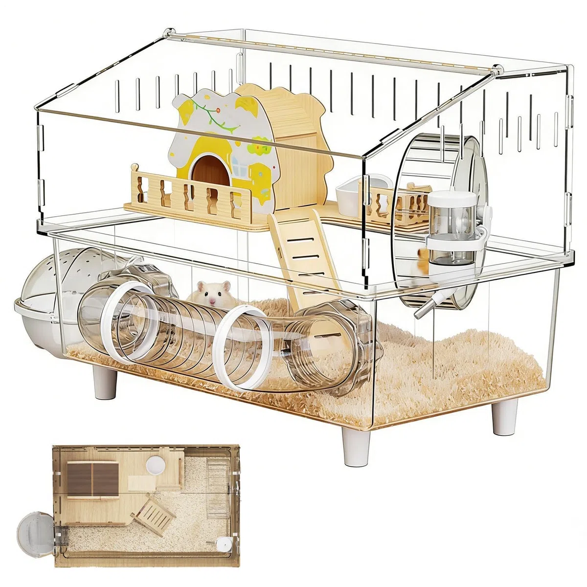 Hamsterlebensraum: transparentes Gehege von 1 kg, zweischichtige Villa für kleine Haustiere aus Guinea, Tierbeobachtungshütte | Großer Spielplatz mit Maus für den Innen- und Außenbereich