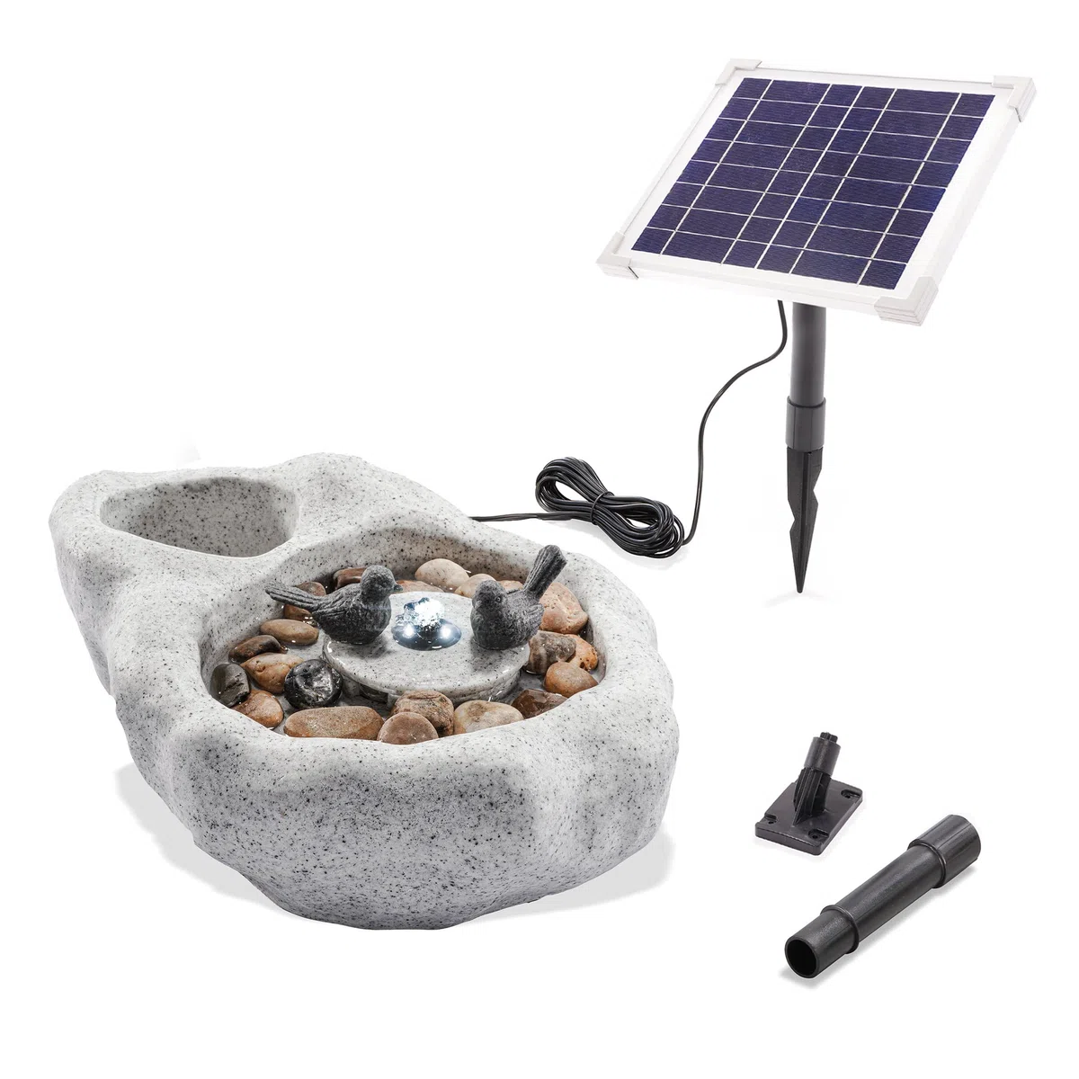esotec Solar-Brunnen Vogelbadbrunnen mit Akku & LED & Pumpe, Solar Gartenbrunnen mit Vogeltränke, Wasserspiel Outdoor, 42x32x17cm, 101319