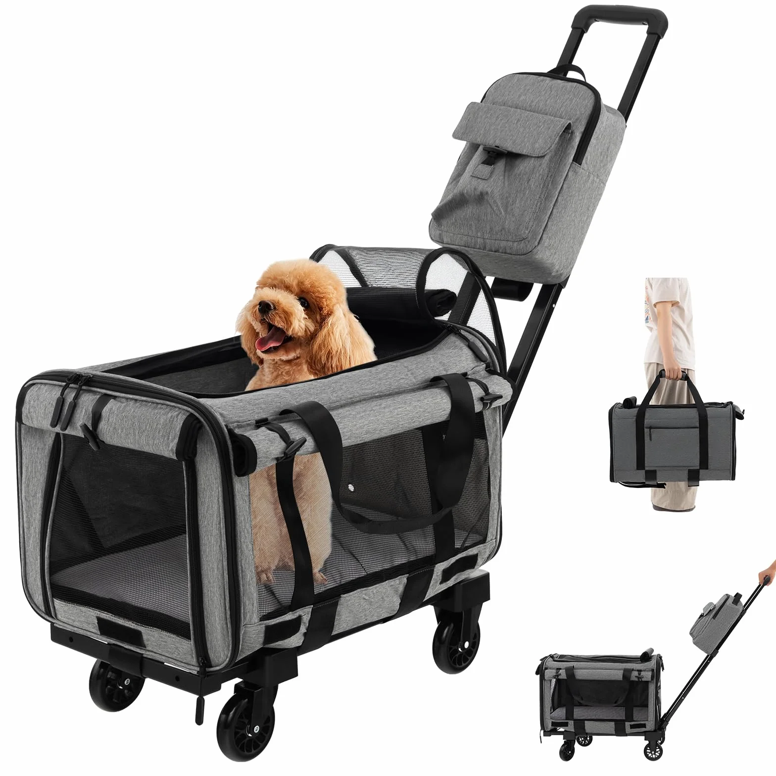 COSTWAY Transportbox Katze, Hunde Tragetasche Mobil, Transporttasche mit Teleskopgriff & Rädern & kleine Tasche, klappbare Reisebox für kleine & mittelgroße Haustiere, Hundebox Katzentasche, Grau