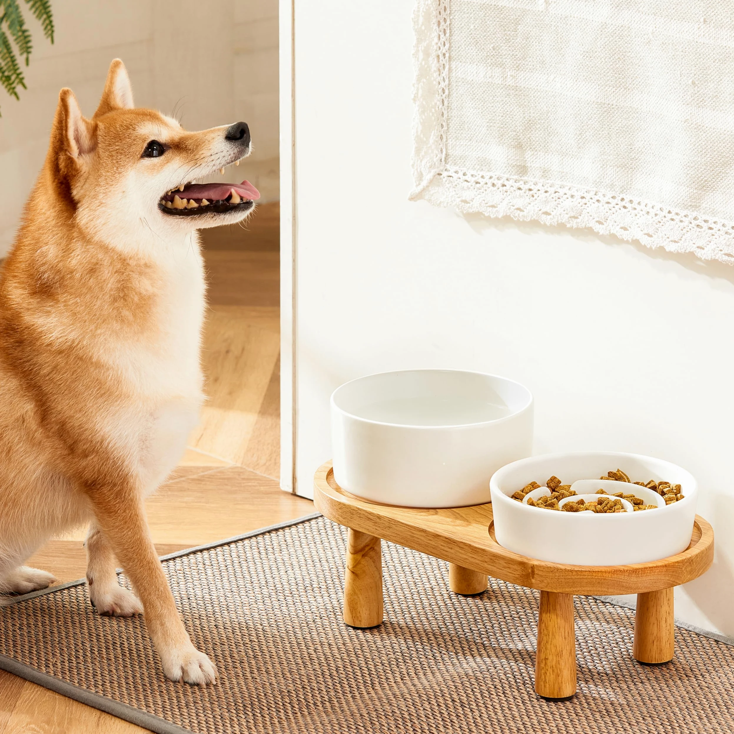 Keramik-Schlingnapf für Hunde, erhöht mit Holzständer, 850ml, Weiß