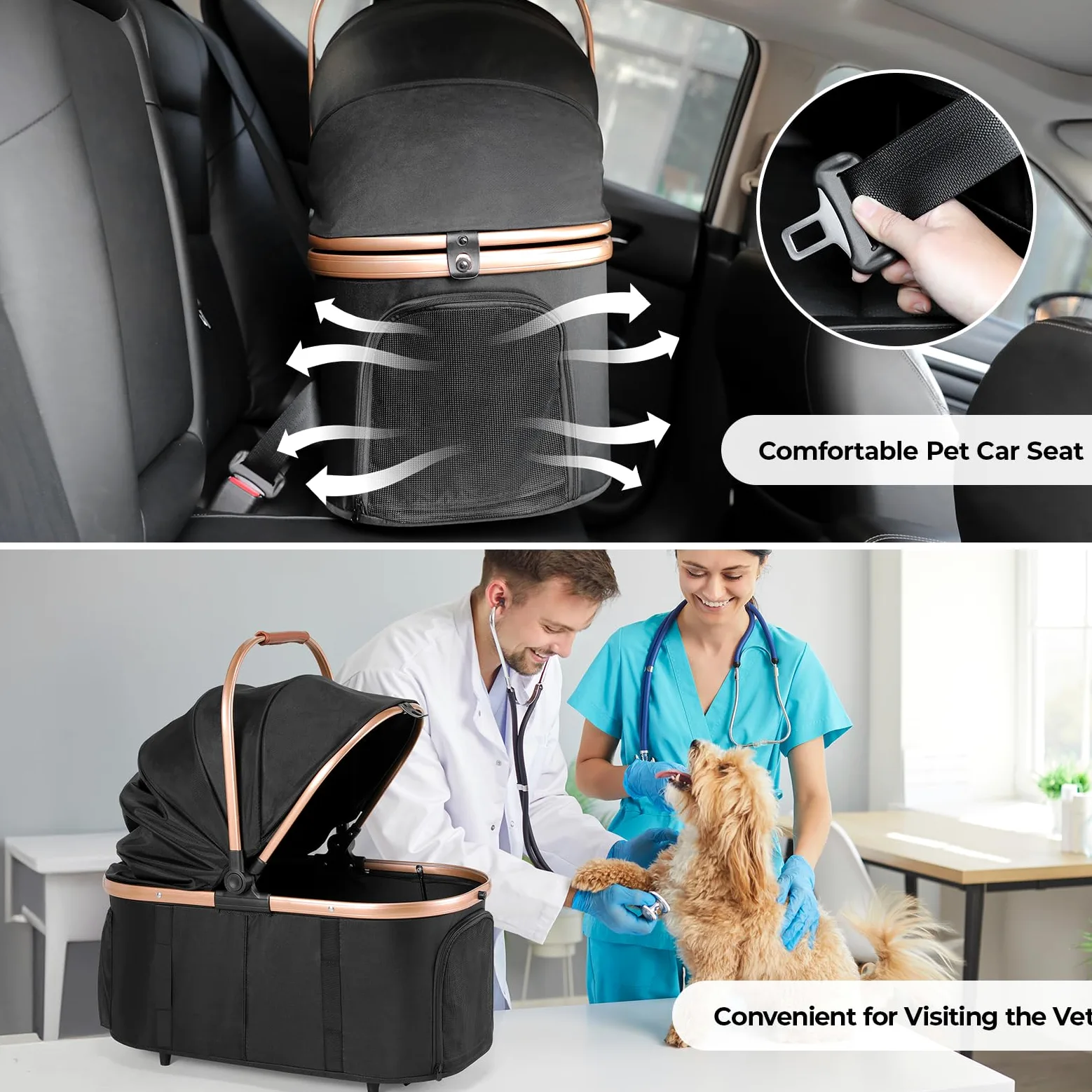 MAMIZO 4 in 1 Hundewagen, Hundebuggy bis 25kg, 4 PCS Gummiräder mit Stoßdämpfung, Faltbar Hund Kinderwagen, Hunde Buggy, Hundebuggy Hunde, Geländegängig, Katzenwagen, Schwarz