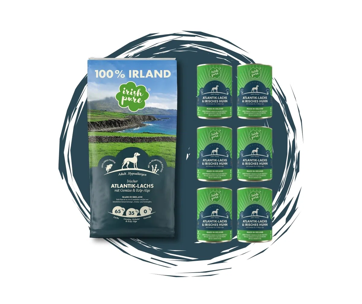 Irish Pure Atlantik Lachs Adult - Hundefutter - 12kg + 6x390g - getreidefreies Trockenfutter & Nassfutter – hypoallergen mit Kelp-Alge & Gemüse – Single Protein – natürlich & sensibel - Sparpaket