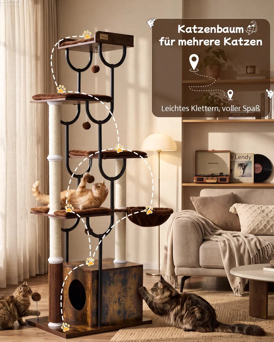 FourFurPets 188 cm Kratzbaum für große Katzen, stabiler Katzenbaum aus Holz mit Sisalstämmen, Katzenkratzbaum mit 4 Liegeplätzen, Massage-Bürste & Korb für große Katzen, hoher Kratzbaum (Rustic Brown)