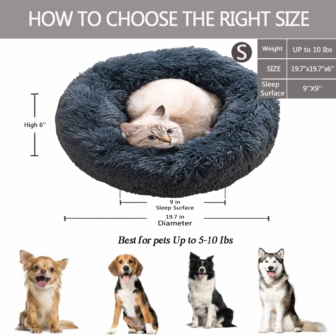 Beruhigendes Hundebett für kleine Hunde – Donut waschbar, kleines Haustierbett, Anti-Angst, rund, flauschiges Plüsch-Katzenbett, passend für Haustiere, Durchmesser: 89 cm