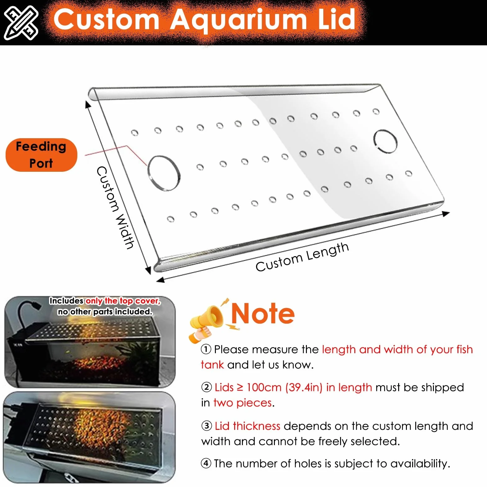 Acryl-Aquarium-Abdeckung mit Frischluftloch, 50,8 cm, 61,2 cm, 76,6 cm, 91,4 cm, 91,4 cm, 101,6 cm, 101,4 cm, 101,5 cm, 137,2 cm, Terrarium, springsicher, damit Katzen Fische fangen
