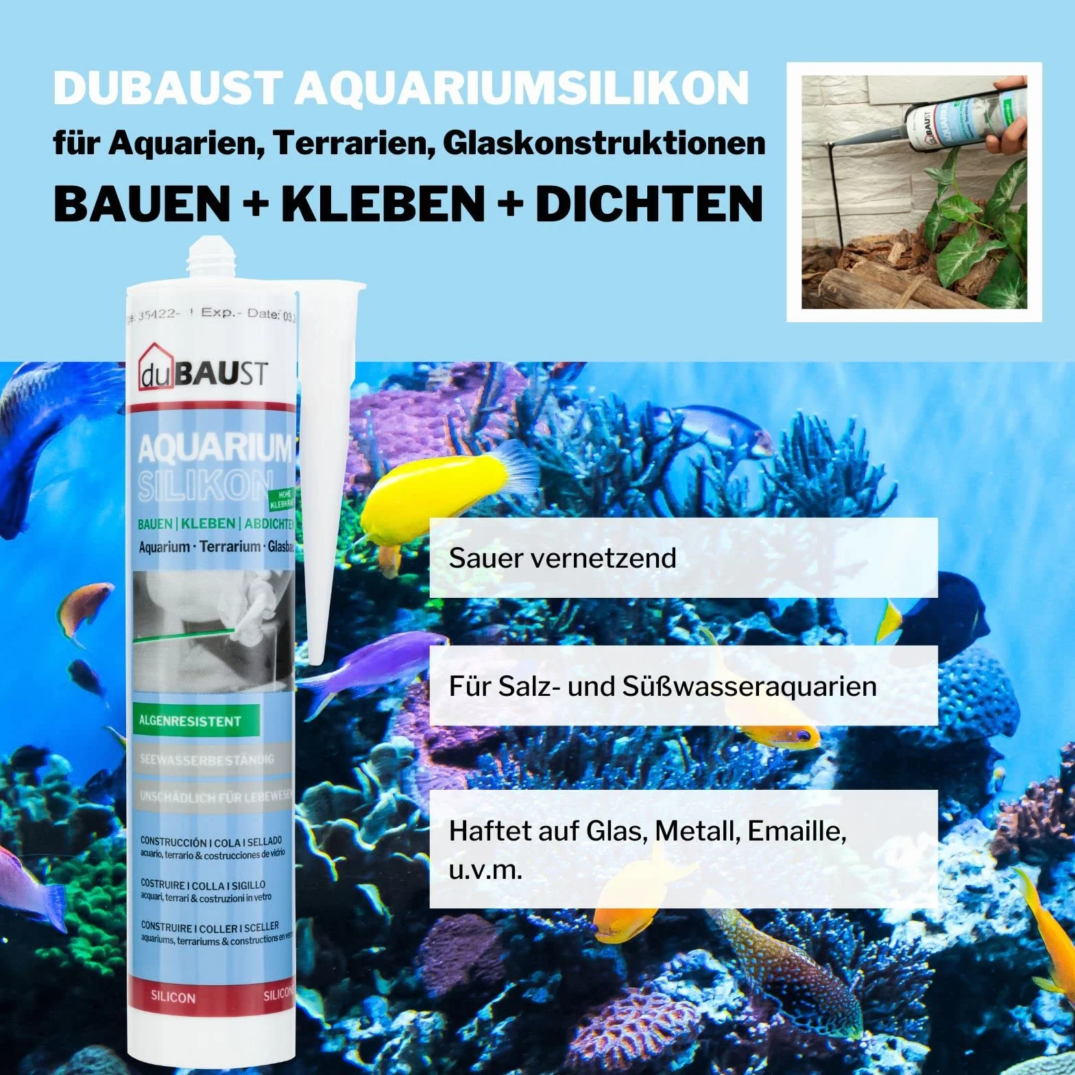 12x dubaust SAQ24 Aquarium Silikon 310ml Kartusche für Süsswasser und Meerwasser Aquarien Terrarium Glaskonstruktionen Aquariumkleber (Schwarz)