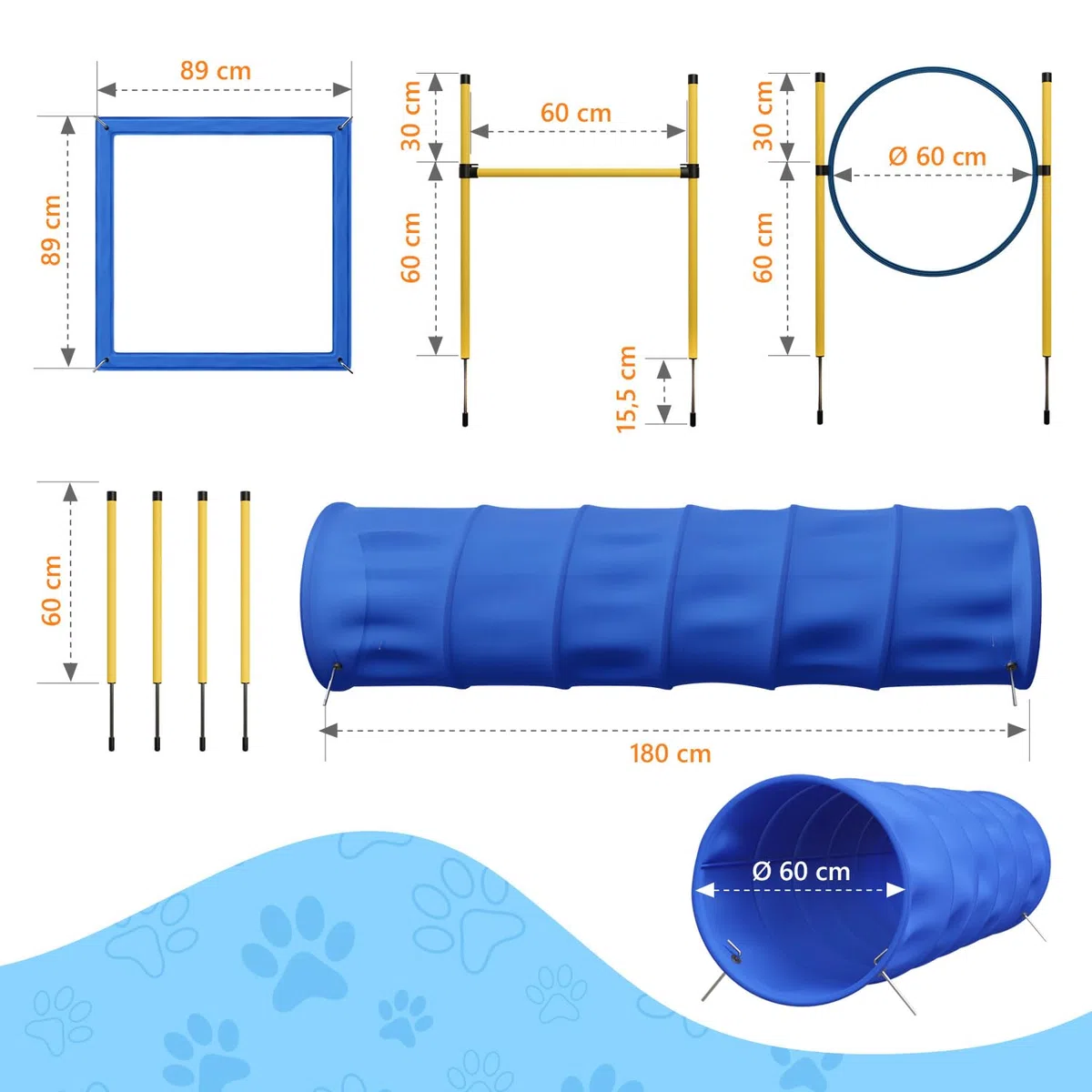Agility Set Hunde Klein und Groß aus Tunnel für Hunde, Agility Stangen, Hürdenstange, Agility Ring & Pausenbox für Hunde Beschäftigung - Hundetraining Zubehör