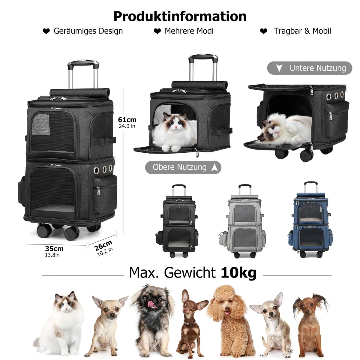 PETCUTE Großer Katzentransportbox für 2 Katzen bis 10kg, Katzenrucksack Hunderucksack mit Abnehmbare Rollen, Faltbar Transportboxen für kleine Hunde mit Innerem Sicherheitsgurt,perfekt für Reisen