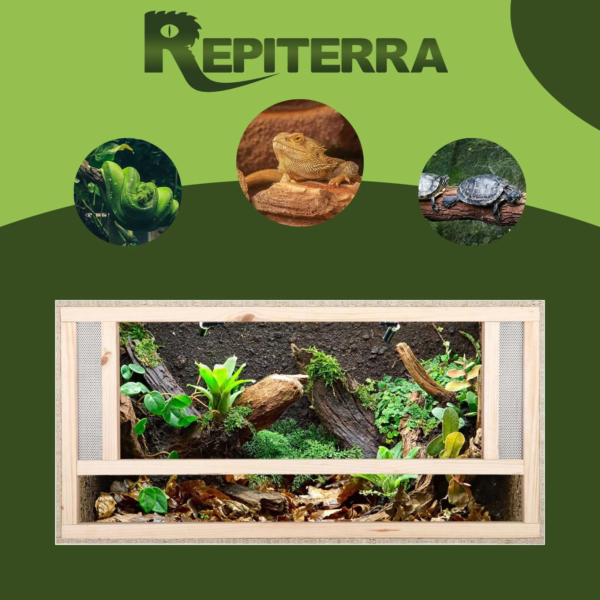 Repiterra Terrarium Reptilien & Batracien aus OSB-Holz, 80 x 50 x 50 cm, Vivarium mit Belüftung auf der Vorderseite für Schlange, Schildkröte und andere